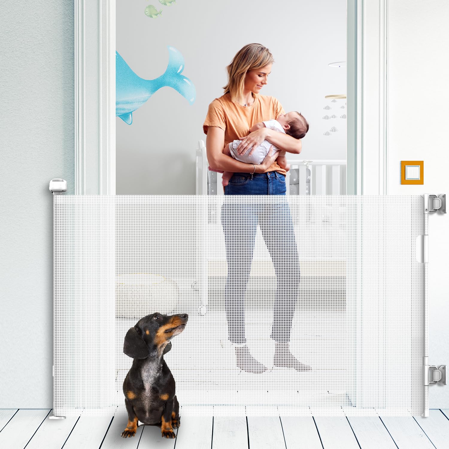Upgraded Retractable Baby Gate for Stairs, 34''Tall Expands 55''Wide Ideal Safety Solution Dog Gate for Stairs Doorways Hallways
