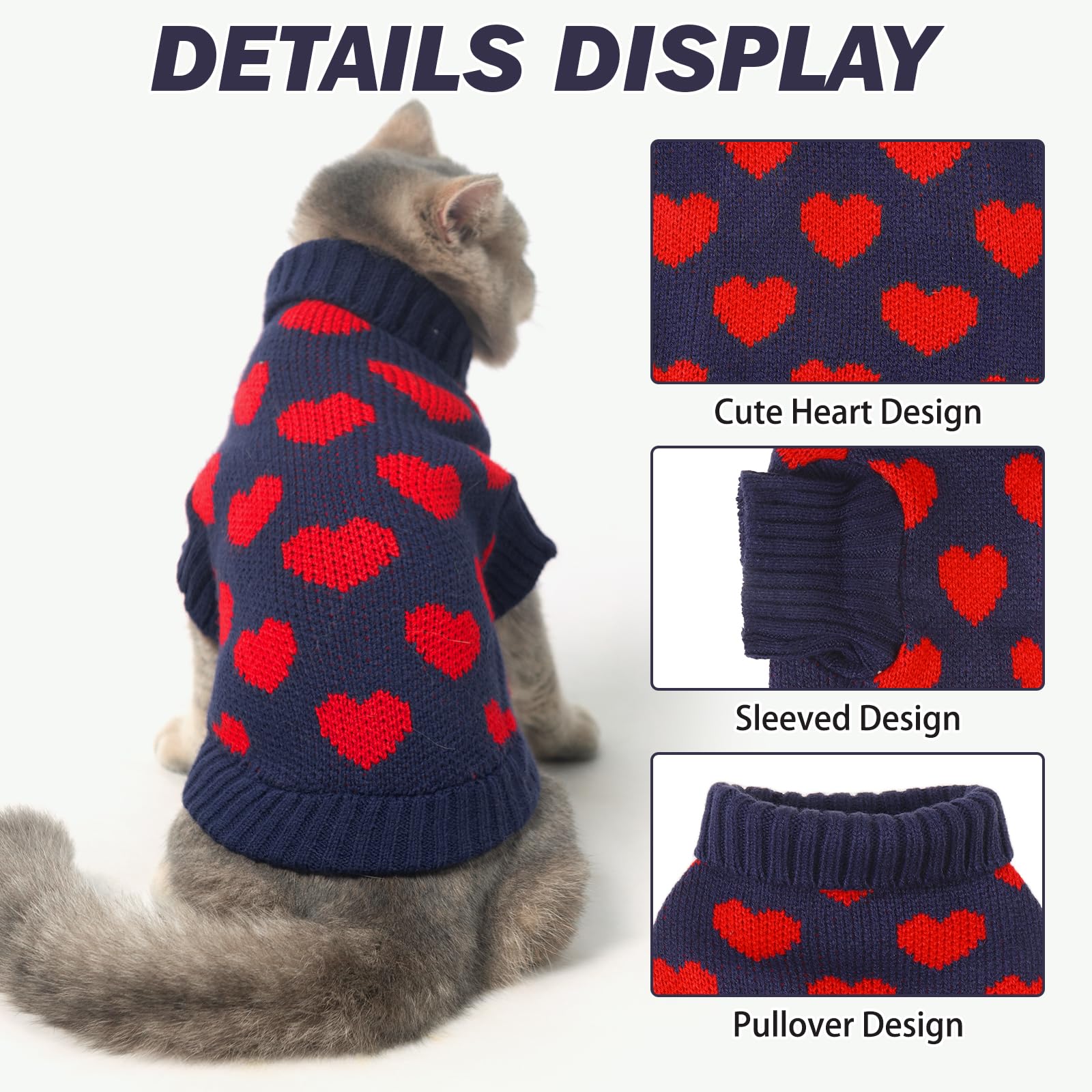 Kooltail Cat Sweater Turtleneck- Soft Knit Sweaters For Cats Only, Christmas Red Heart Love Pattern Thick Warm Cold Weather Clot