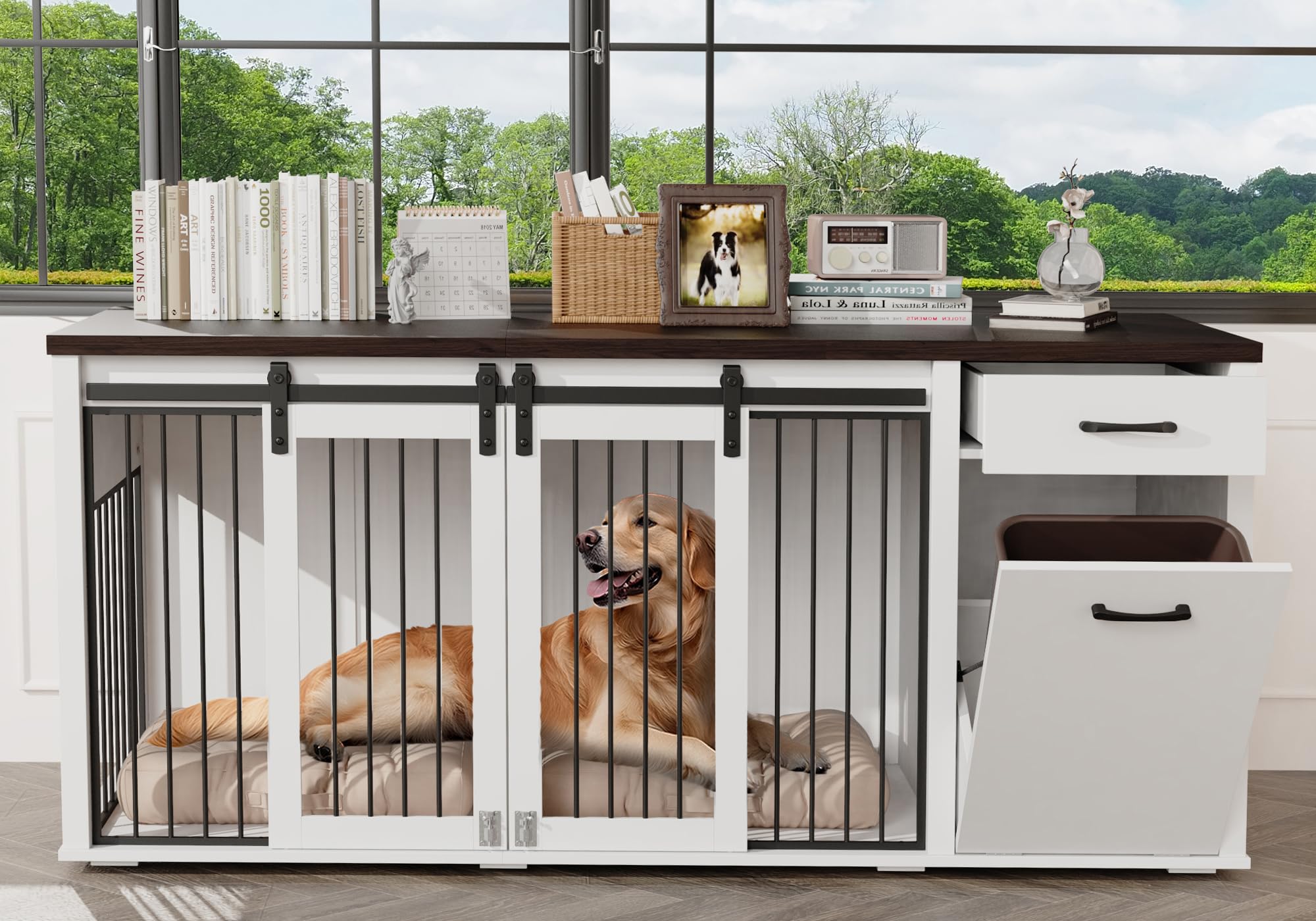 KIGOTY Furniture Style Dog Crate with Storage, 71 Inch Double Dog Crate for 2 Dogs, Wooden Large Dog Kennel with Drawers,Tilt Ou