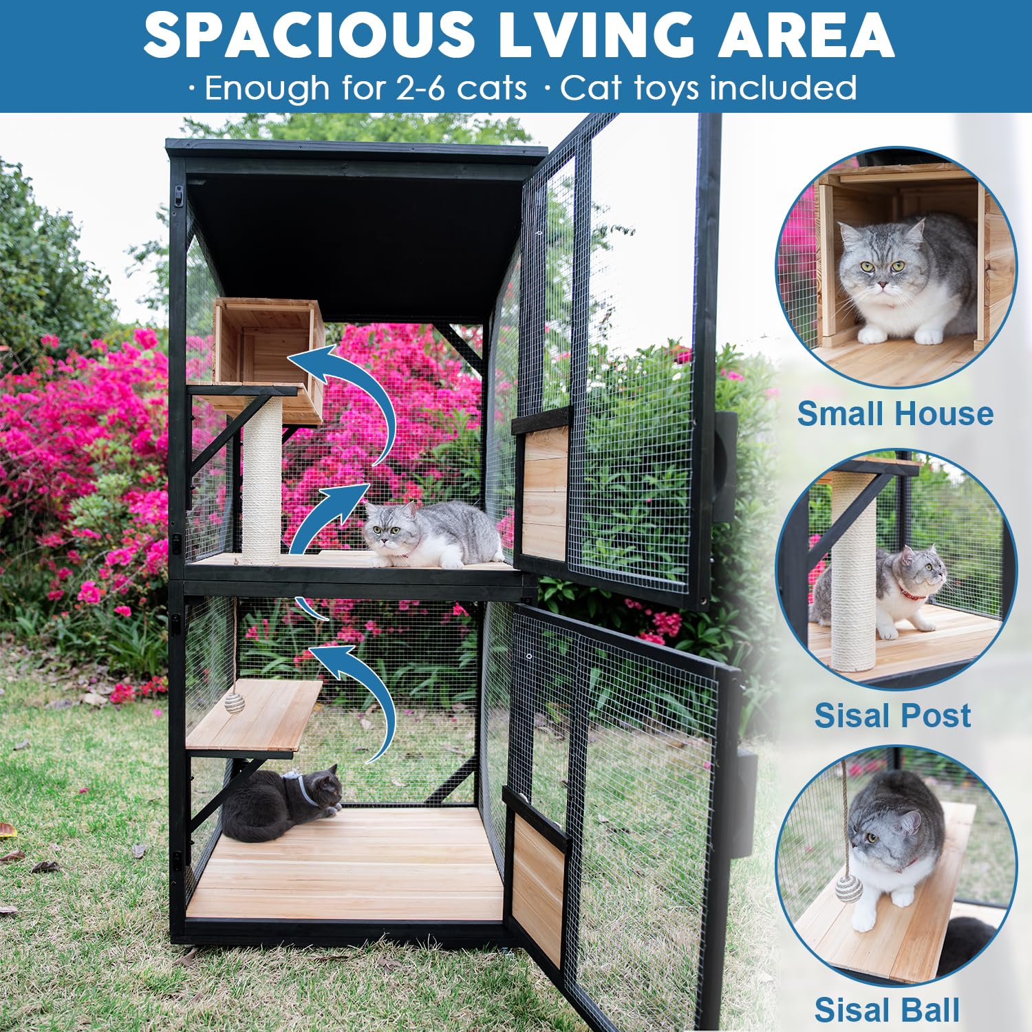 Funxplore 4 Tiers 70.9'' H Cat Catio Cat House Outdoor Enclosure Window Large Outside Patio With Removable Floor, Scratching Pos