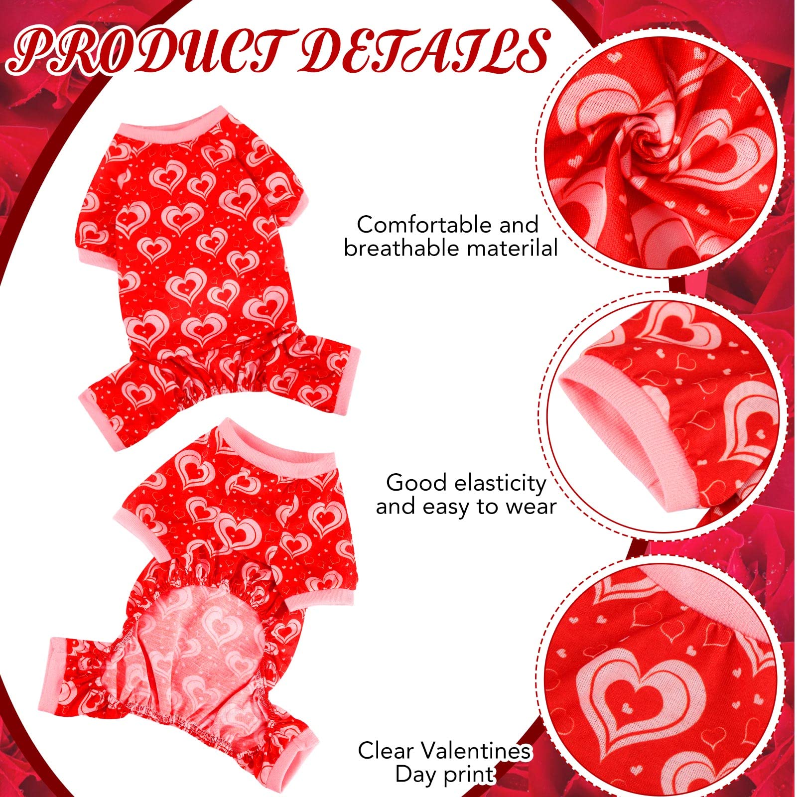 6 Pack Valentines Dog Pajamas Heart Pattern Dog Clothes Dog Costumes For Small Medium Large Puppy Dog Cat Valentines Party Cosplay (Large)