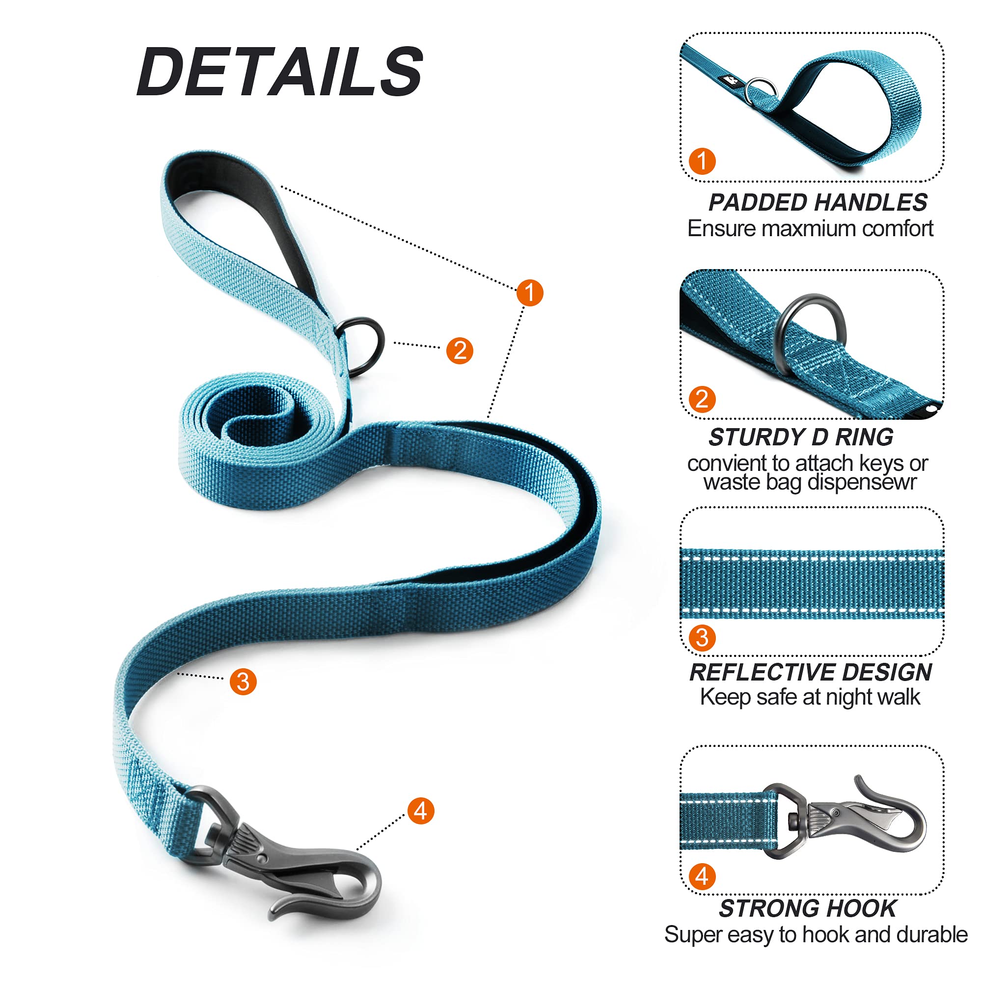 Twoear 5Ft 1In Strong Blue Dog Leash With 2 Padded Handles, Traffic Handle Extra Control, Comfortable Soft Dual Handle, Auto Lock Hook, Reflective Walking Lead For Small Medium And Large Dogs