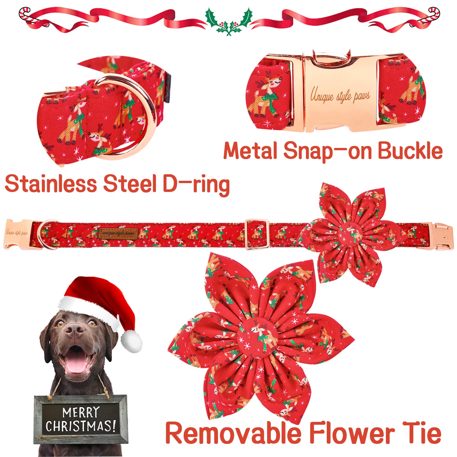 Unique Style Paws Christmas Dog Collar With Flower Tie Red Elk Pure Cotton Collar Adjustable Puppy Collar For Small Medium Large Dogs-Xs