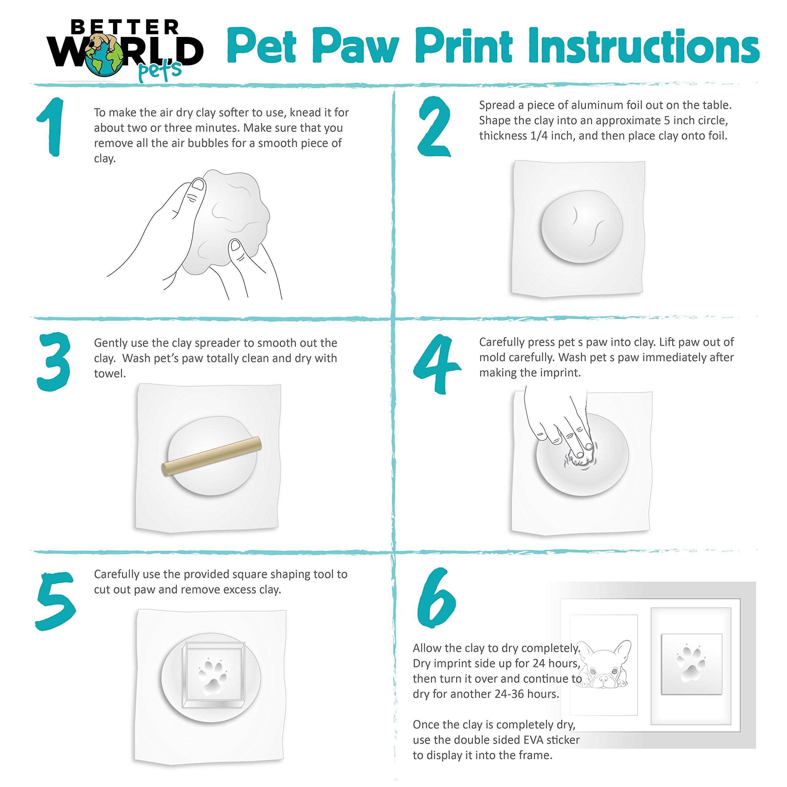 Better World Pets Paw Print + Photo Keepsake Frame Holds 4 X 6 Inch Picture - Memorial Clay Imprint Kit - For Dogs And Cats - Pe