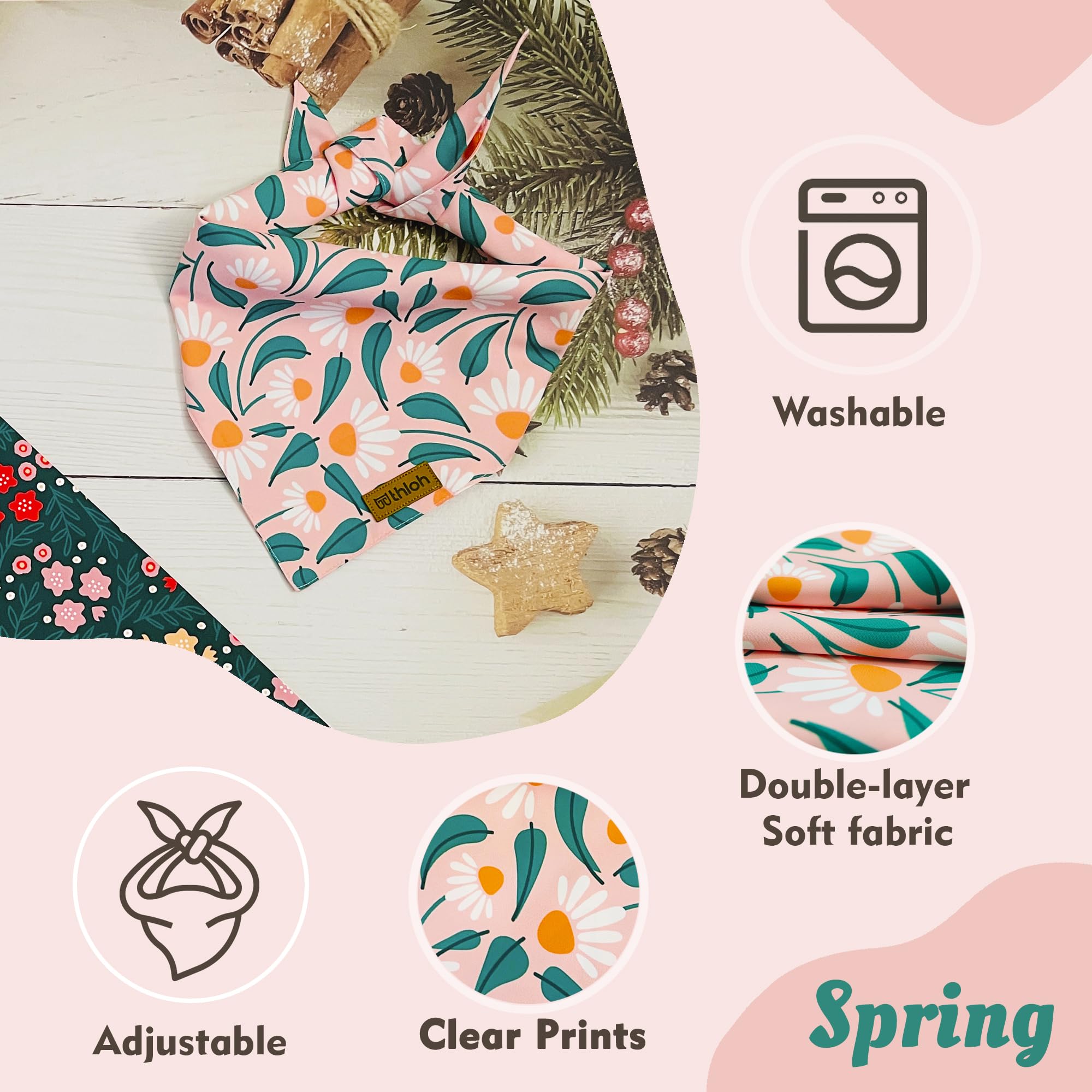 Thloh Spring Dog Bandanas - 2 Pack Floral Dog Scarf For Boy & Girl, Premium Durable Fabric, Adjustable Fit, Gift For Dogs, Daisy