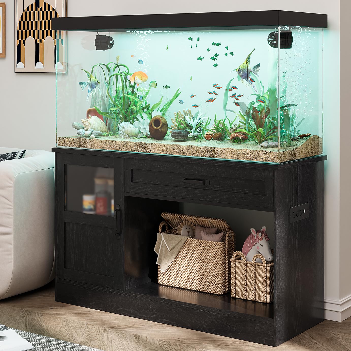 LUMIINOFAMI 40 Gallon Tank Stand, Wooden Aquarium Stand 40 Gallon Fish Tank Stand with Drawer, Reptile Tank Stand with Power Str