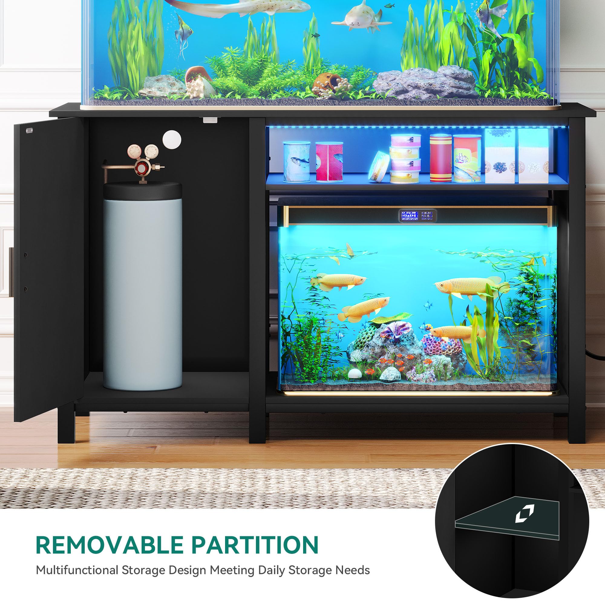 YITAHOME Aquarium Stand with Power Outlets, 55-75 Gallon Fish Tank Stand, Cabinet with RGB Light Strip Suitable for Turtle Tank,