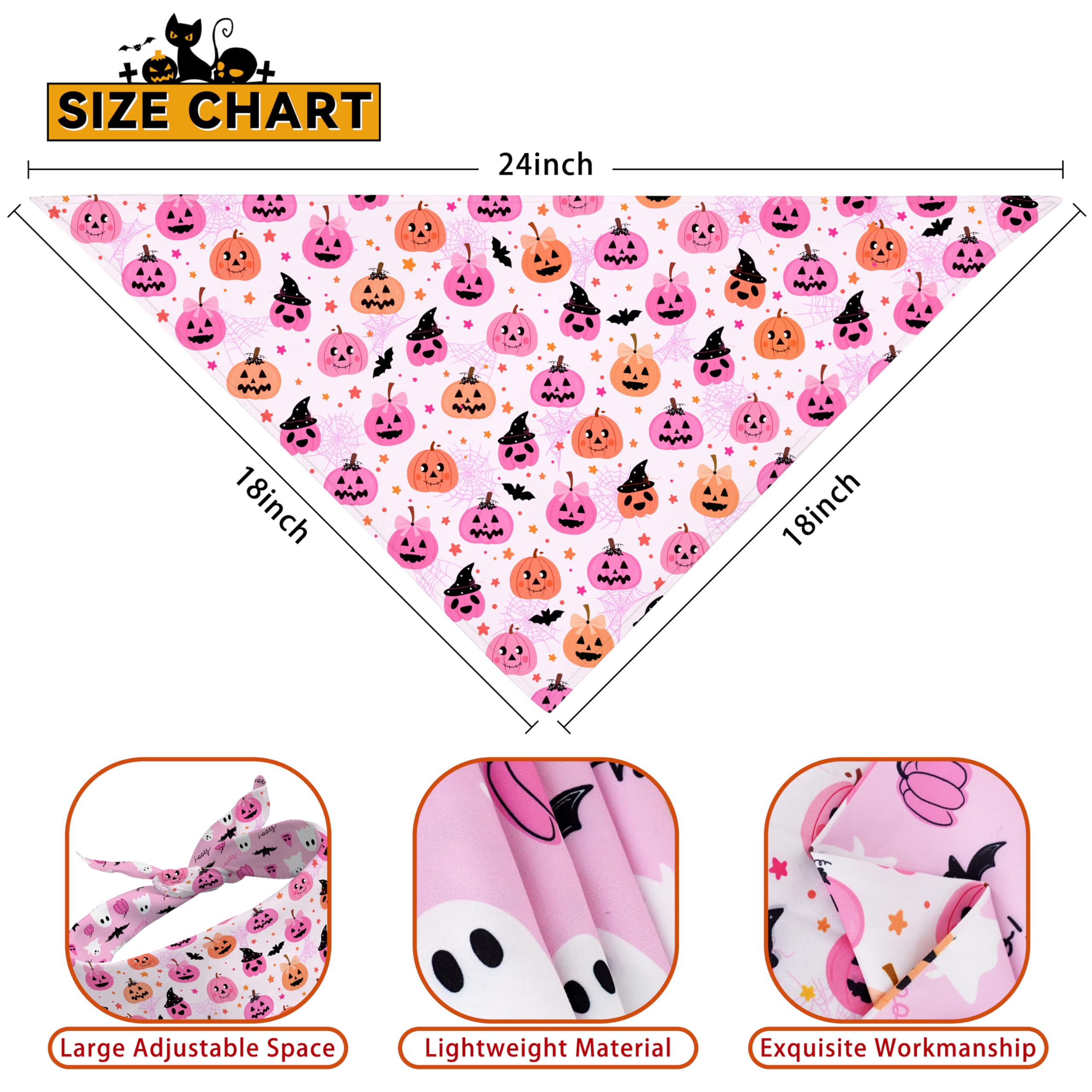 Fall Halloween Dog Bandanas Reversible 2 Pack Small, Pink Pumpkin Ghost Bat Cute Halloween Pet Bandanas For Dogs Adjustable Tria