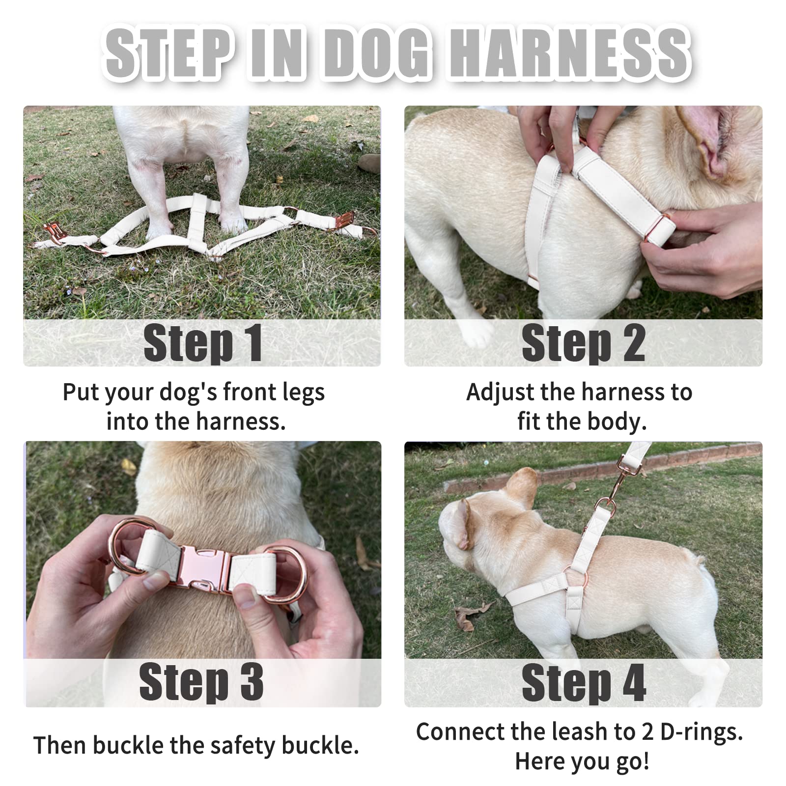 Soft Leather No Pull Dog Harness - Adjustable Step In Dog Harness With Rose Gold Heavy Duty Metal Buckle, Freedom Nylon Dog Halter Vests For Small Medium Large Dogs Easy Walking Training (White,S)