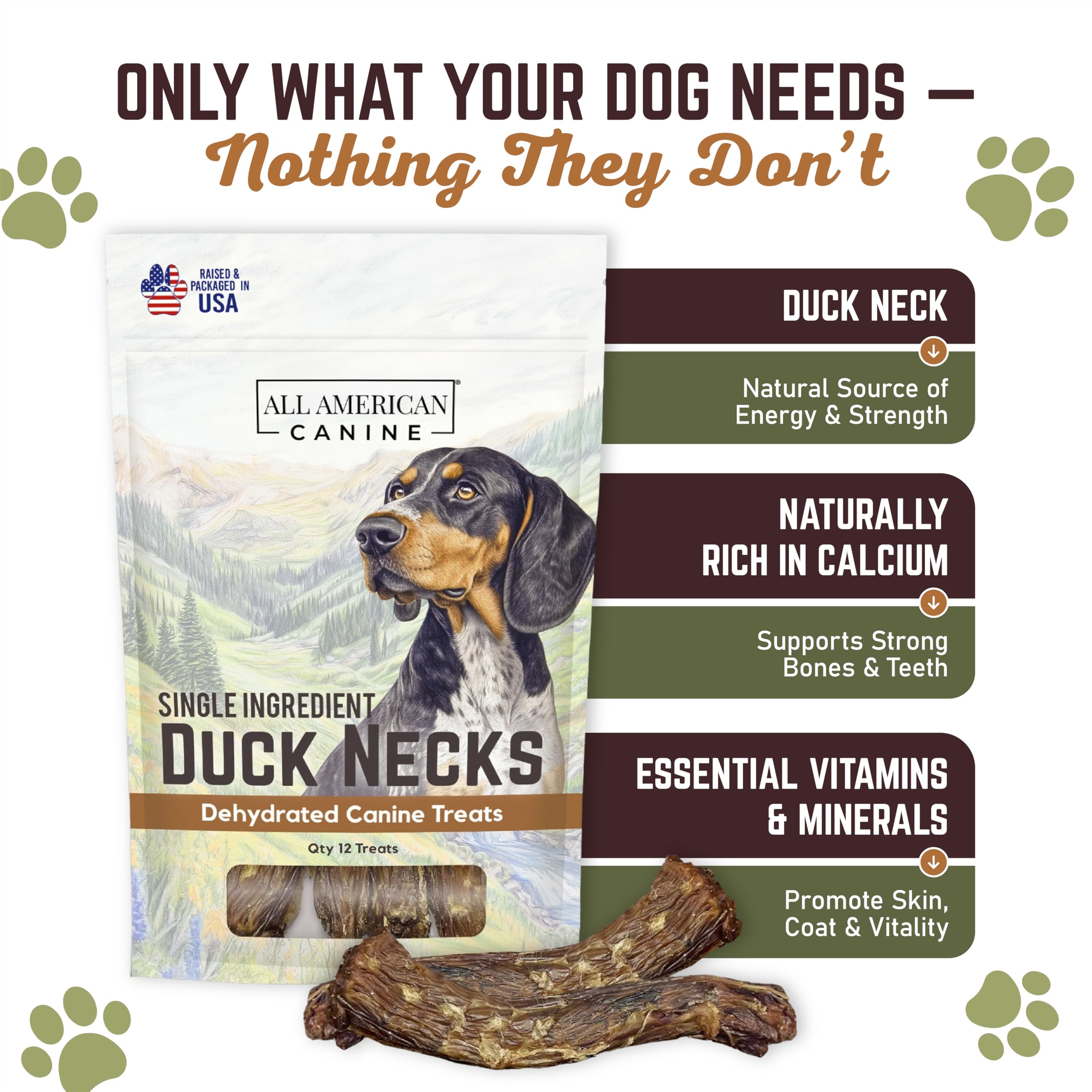All American Canine 12 Natural Duck Neck Dog Treats - Single Ingredient, Dehydrated & Chewy - Low-Fat, High-Protein Training Rew
