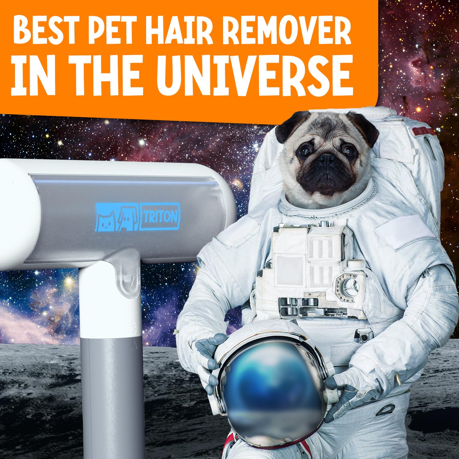 Triton Pet Hair Remover Tool - Travel Size, Detachable Handle, Gray/White, Fur Trapping Compartment, Reusable for Cats & Dogs