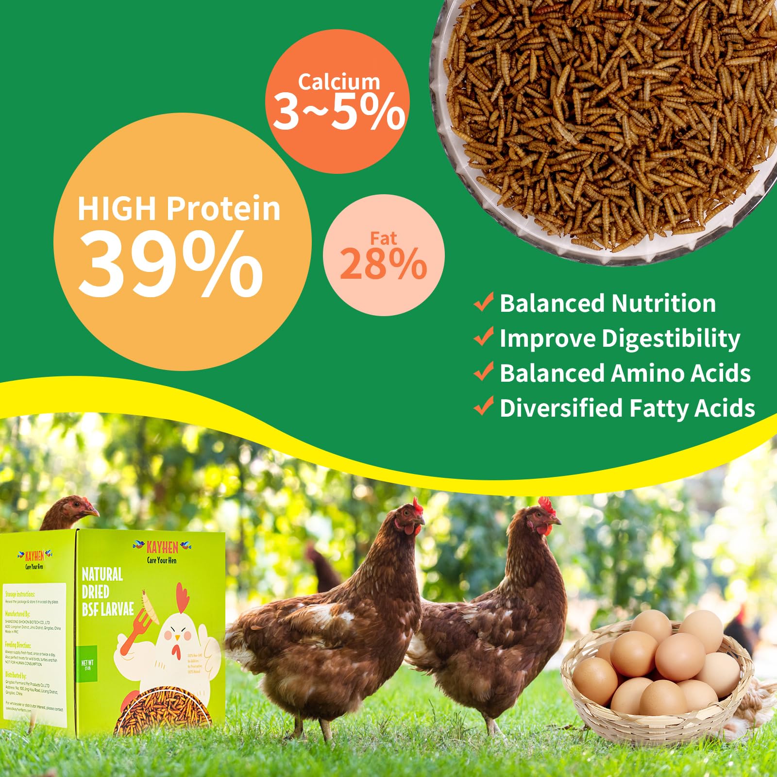 KAYHEN Dried Black Soldier Fly Larvae 5LB Non-GMO BSF Larvae for Chickens More Calcium Than Mealworms High-Protein Chickens Trea