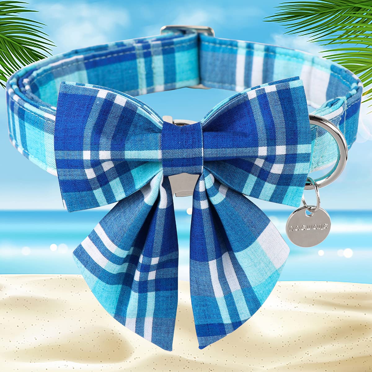 Dogwong Cotton Blue Plaid Dog Collar, Cotton Dog Collar With Bow Cute Boy Dog Collar Puppy Necklace For Female Small Medium Larg