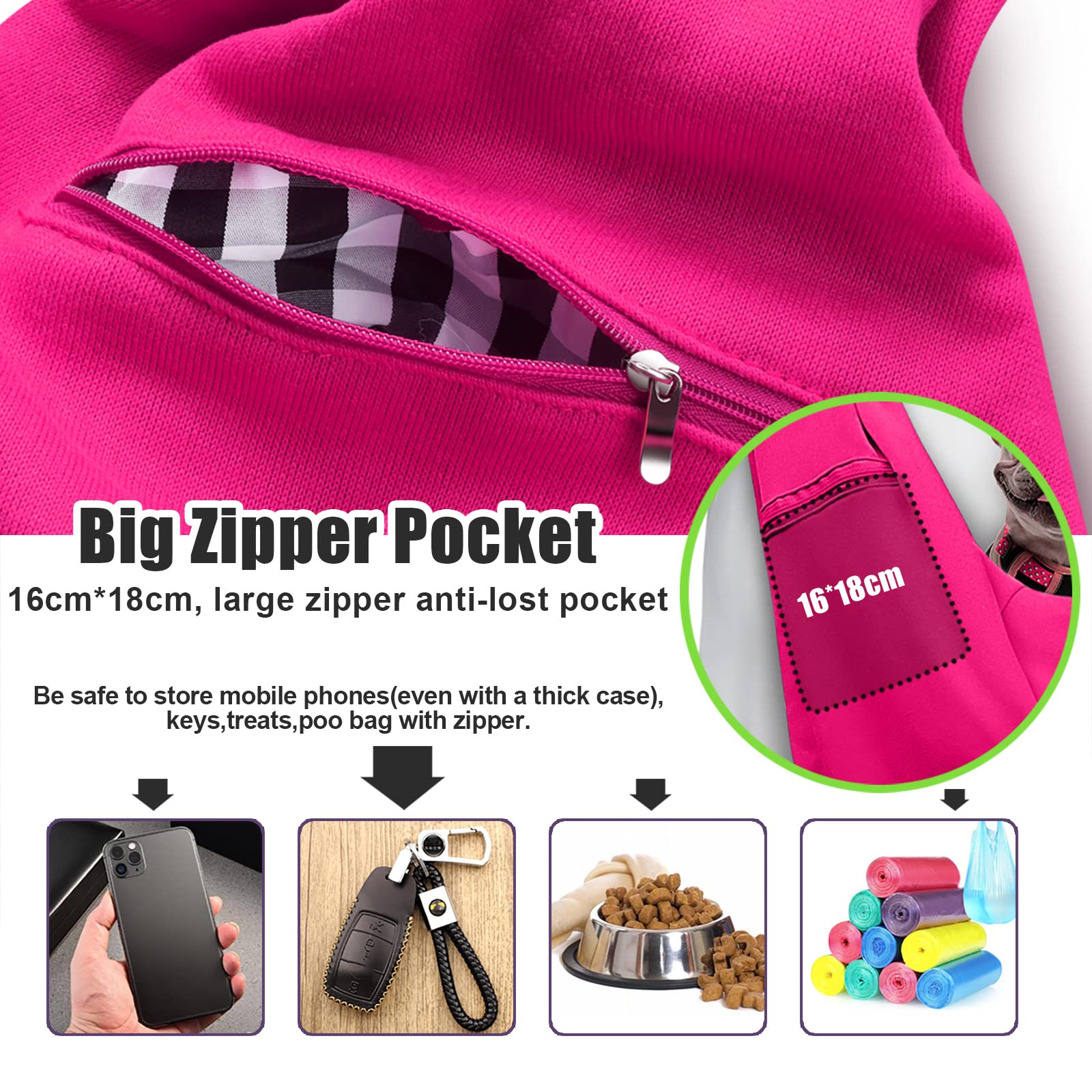 TOMKAS Dog Sling Carrier for Small Dogs, Adjustable Strap, Rose Red, 3-10 lbs, Polyester, Zipper Pocket