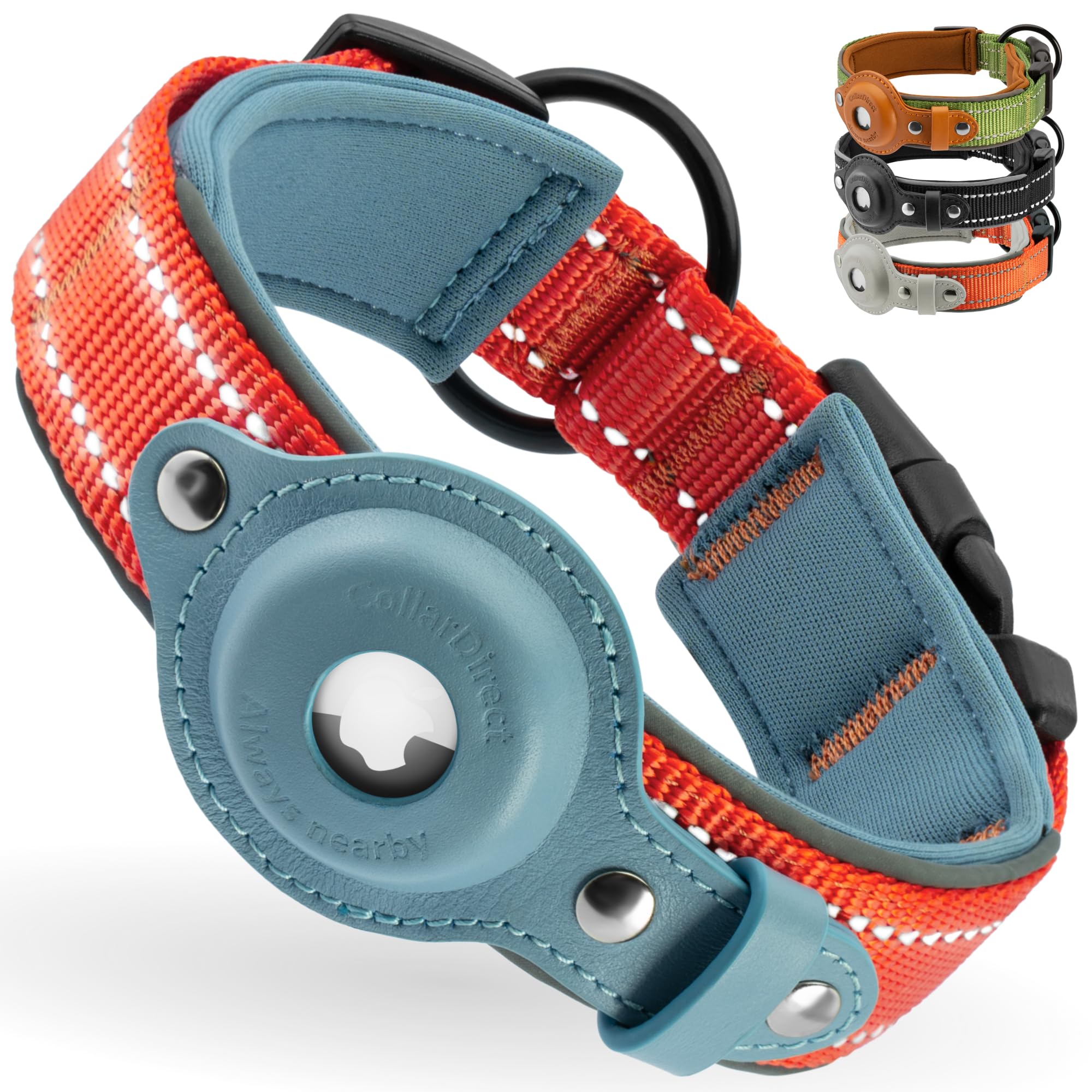 Collardirect Airtag Dog Collar Reflective Nylon Neoprene Leather Holder For Apple Air Tag For Large, Medium, And Small Dogs (Pin