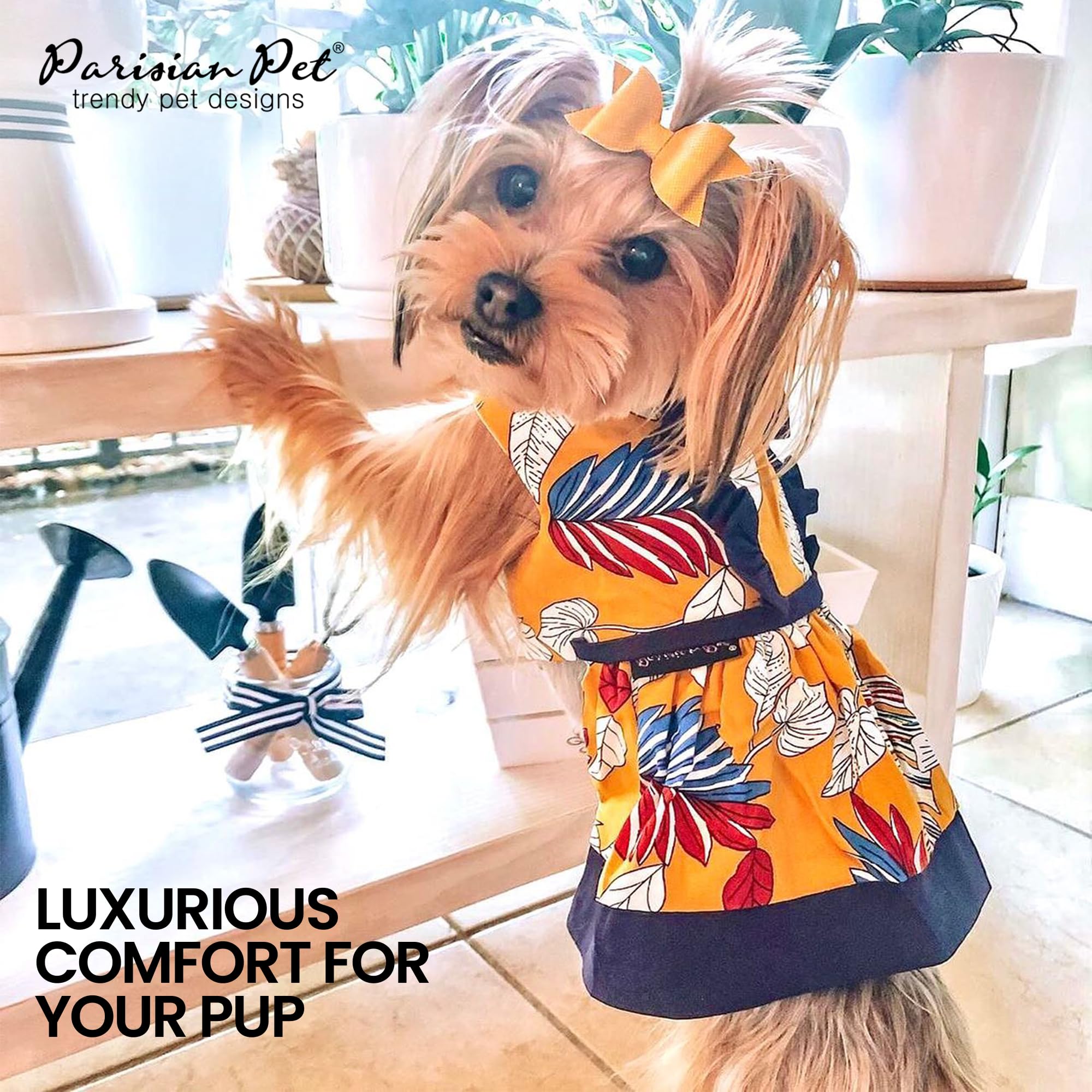 Parisian Pet Tribal Leaves Summer Dress - Magic Strap Closure Dog Beach Outfit - Lightweight And Breathable Dress For Small Dogs