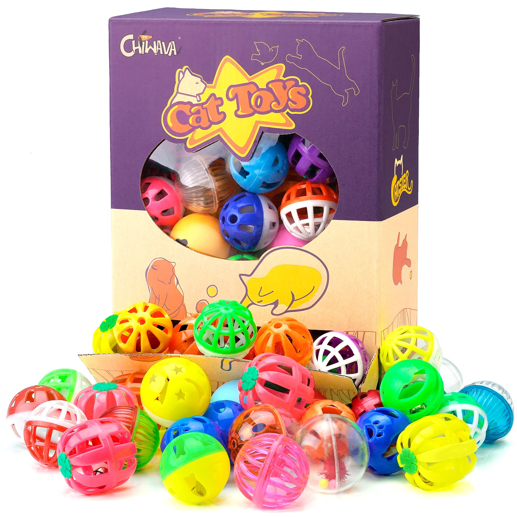 Chiwava 48 Pack Plastic Noisy Cat Toy Balls With Bell Kitten Chases Toy 8 Type Assorted Color Size