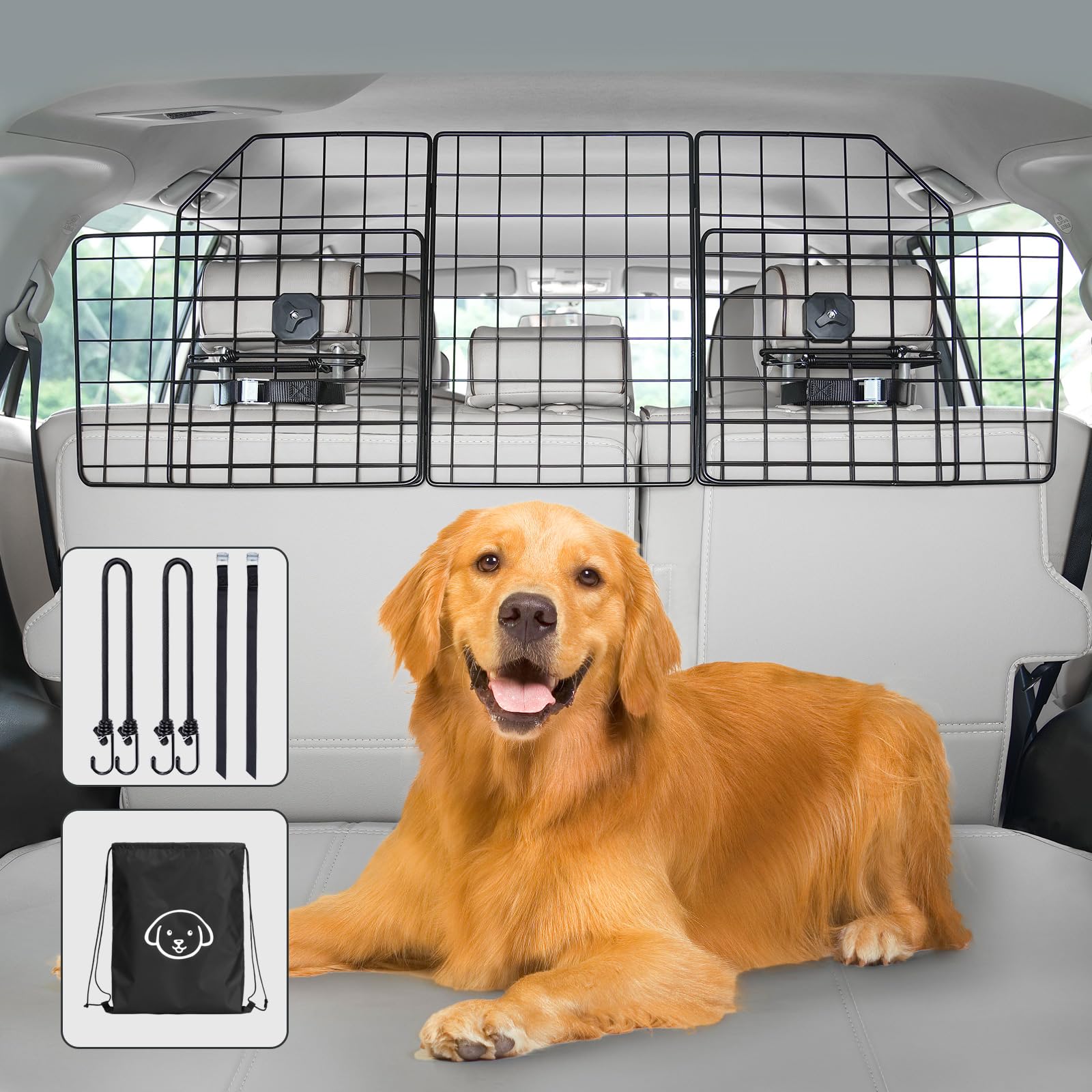 Vetoos Car Suv Dog Barrier, Vehicles Pet Divider For Trunk Cargo Area - Foldable For Easy Storage, Extendable For Universal Fit, Straps & Bungee Cords For Double Stability