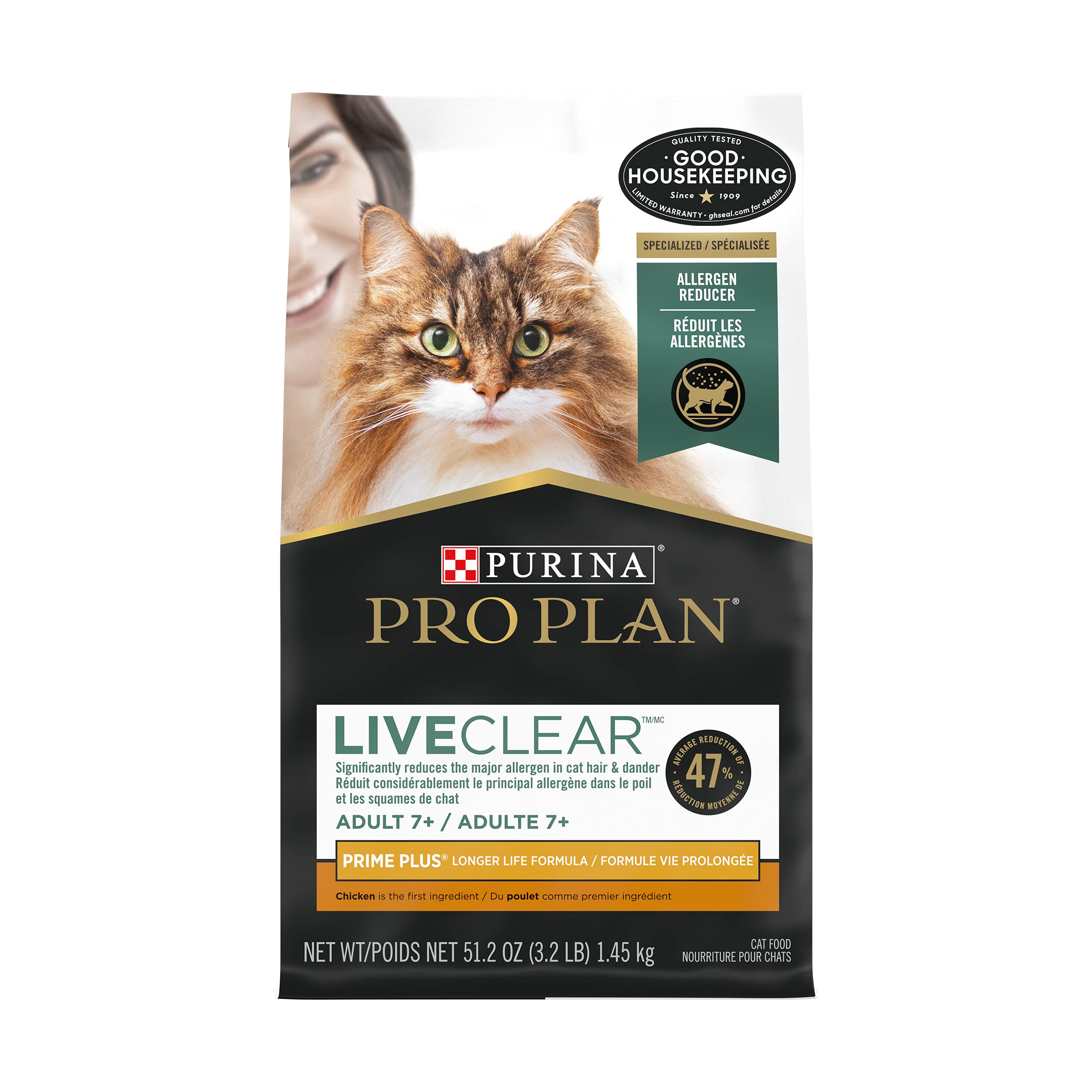 Purina Pro Plan Allergen Reducing Senior Cat Food, LIVECLEAR Adult 7+ Prime Plus Chicken and Rice Formula - 3.2 lb. Bag