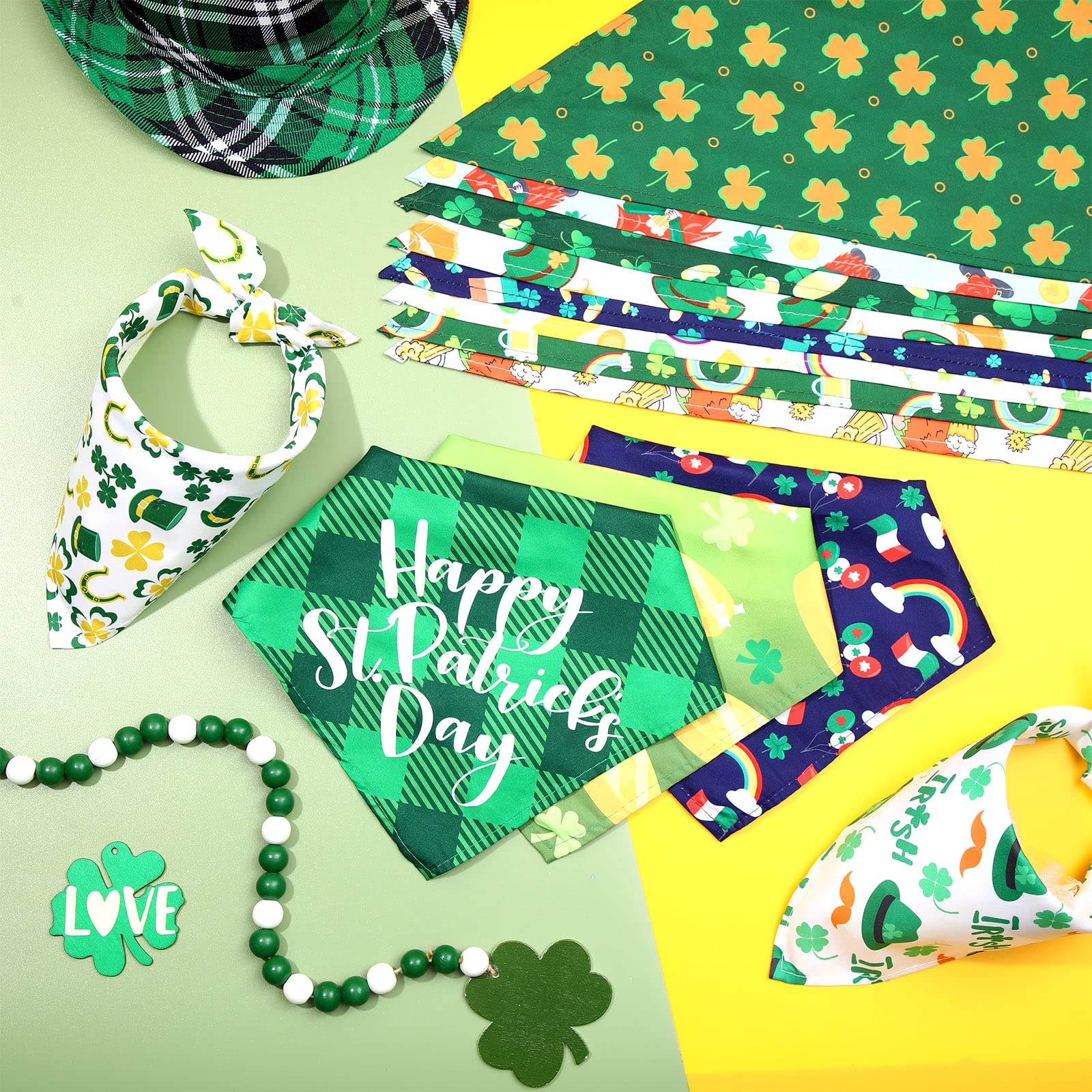 Sanwuta 50 Pieces St. Particks Dog Bandanas Bulk Bibs Triangle Dog Bandanas With Clover Patterns For St. Particks Pet Costume De