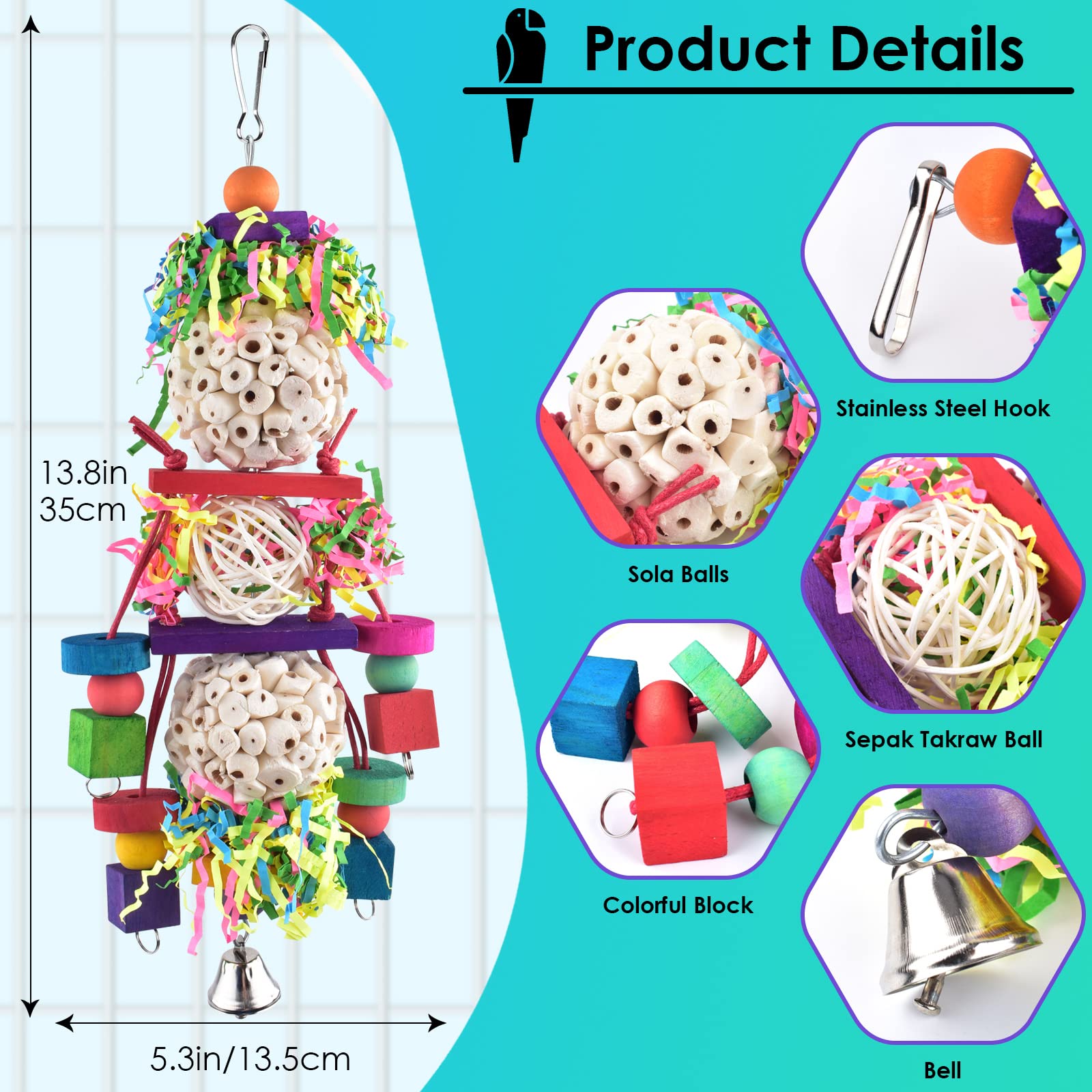 Bissap Conure Toys, Bird Parrot Foraging Shredder Hanging Toys Sola Balls Sepak Takraw with Bell for Small Parrots Parakeets Con