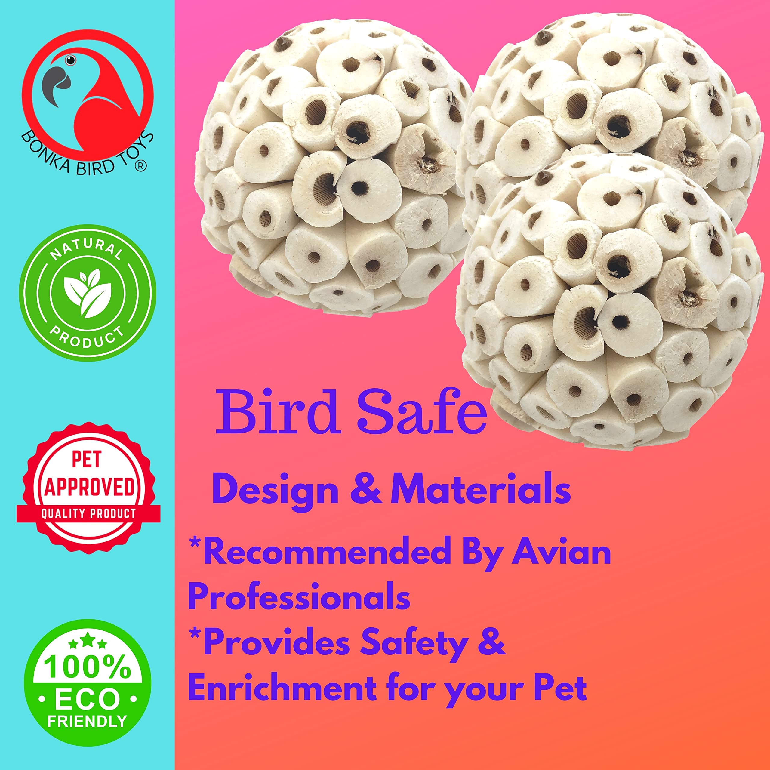 Bonka Bird Toys 1214 Pk3 All-Natural Sola Atta Balls, 3-Pack, 2' Diameter, Soft And Lightweight Chew And Foot Toys For Birds, Small Pets, And Diy Crafts, Safe For Parrots, Parakeets, And Cockatiels