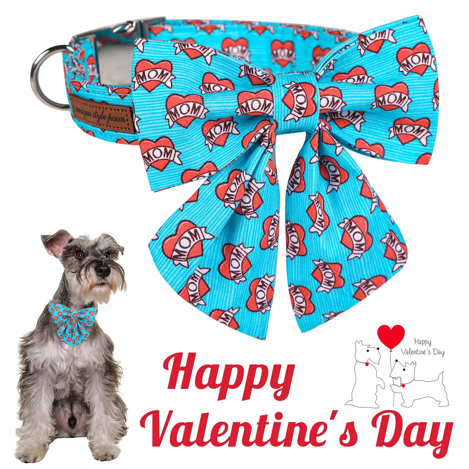 Unique Style Paws Mother'S Day Dog Collar With Tie Blue Heart Puppy Collar Best Gift For Small Medium Large Boys Girls-Xl