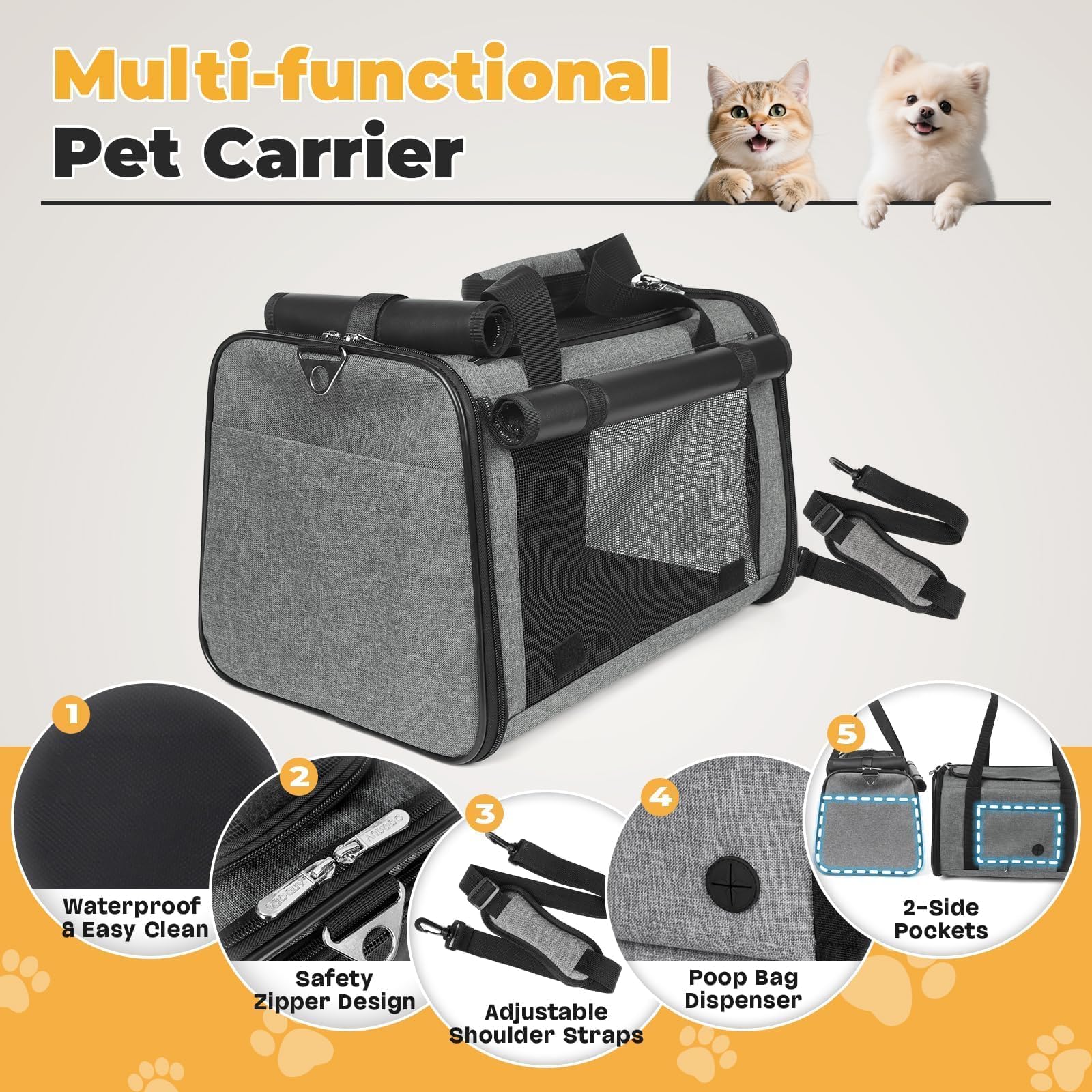 Yudodo 25 Lbs Lightproof Pet Carriers Airline Approved Dog Cat Travel Soft Sided Carrier Reflective Mesh Safe Pet Cat Carrier Foldable Portable Small Animal Rabbit Puppy Cat Carrier Grey Green