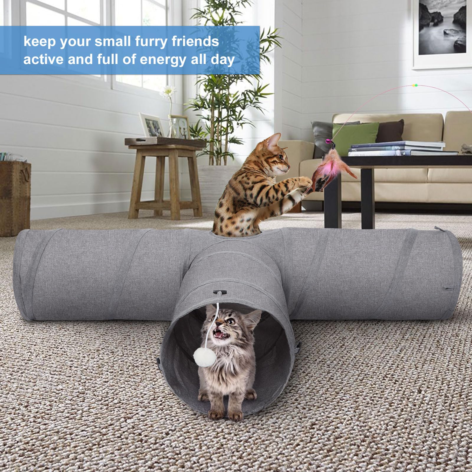 Ownpets Cat Tunnel, Extra Large 3 Way Collapsible Kitty Tunnel Cat Tube With Plush Ball & Feather Toy, Cat Play Tunnel For Large Cat, Kitten, Puppy, Rabbit(12 Inches In Diameter)