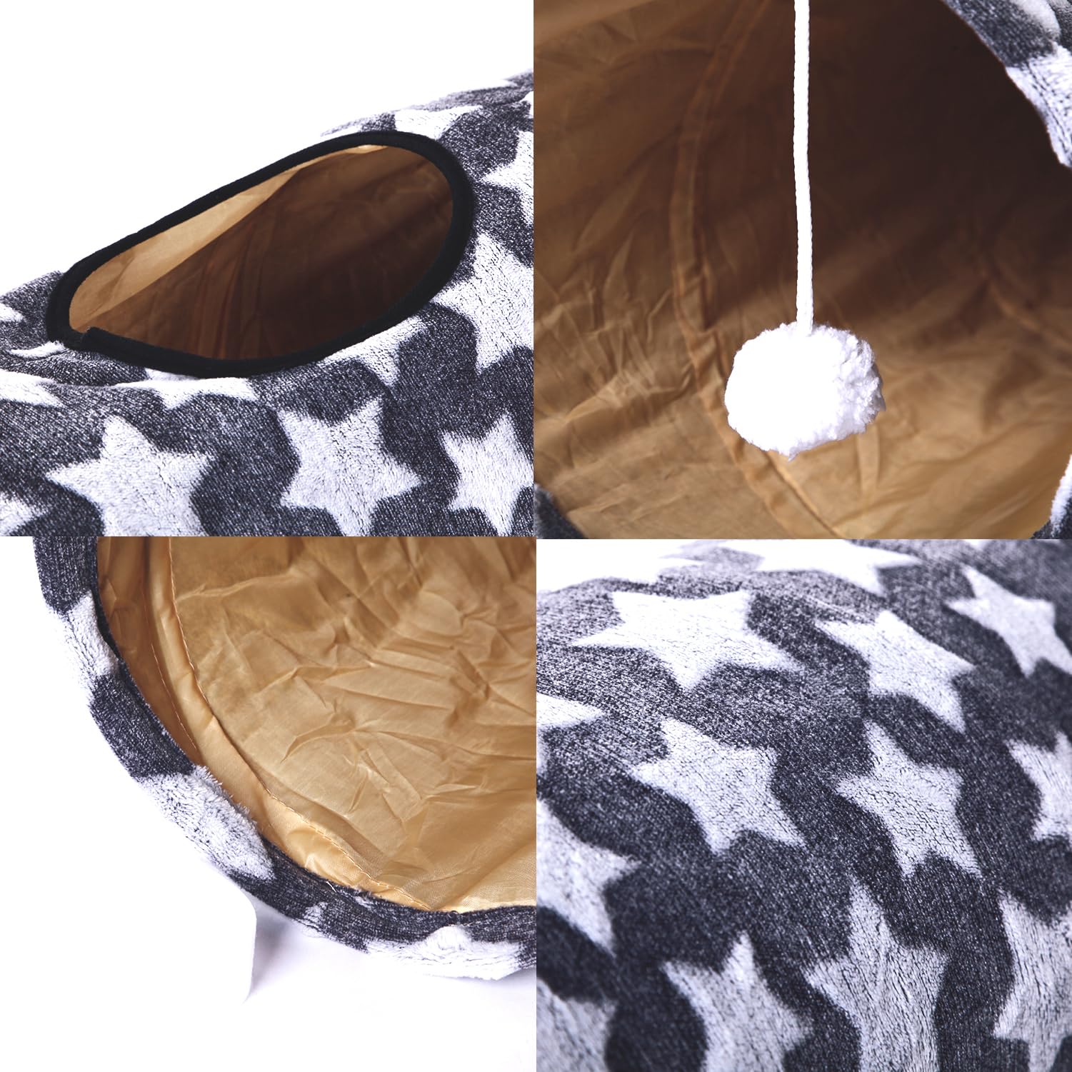 Luckitty Cat Tunnel -Straight-Shaped, Gray Star Pattern, Soft Velvet Exterior, Oxford Fabric Fog-Proof Interior, Plush Toy Ball,