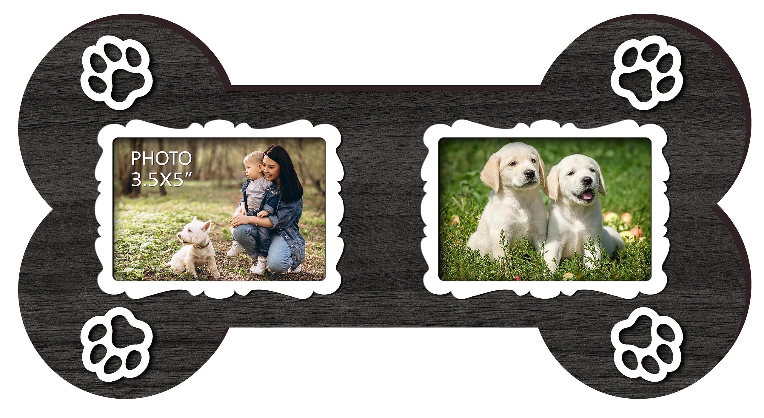 Exquideca Dog Memorial 3.5X5 Inches Bone Shaped Double Picture Frame - Pet Passing Away Sympathy Gift With Paw Print - Bereaveme