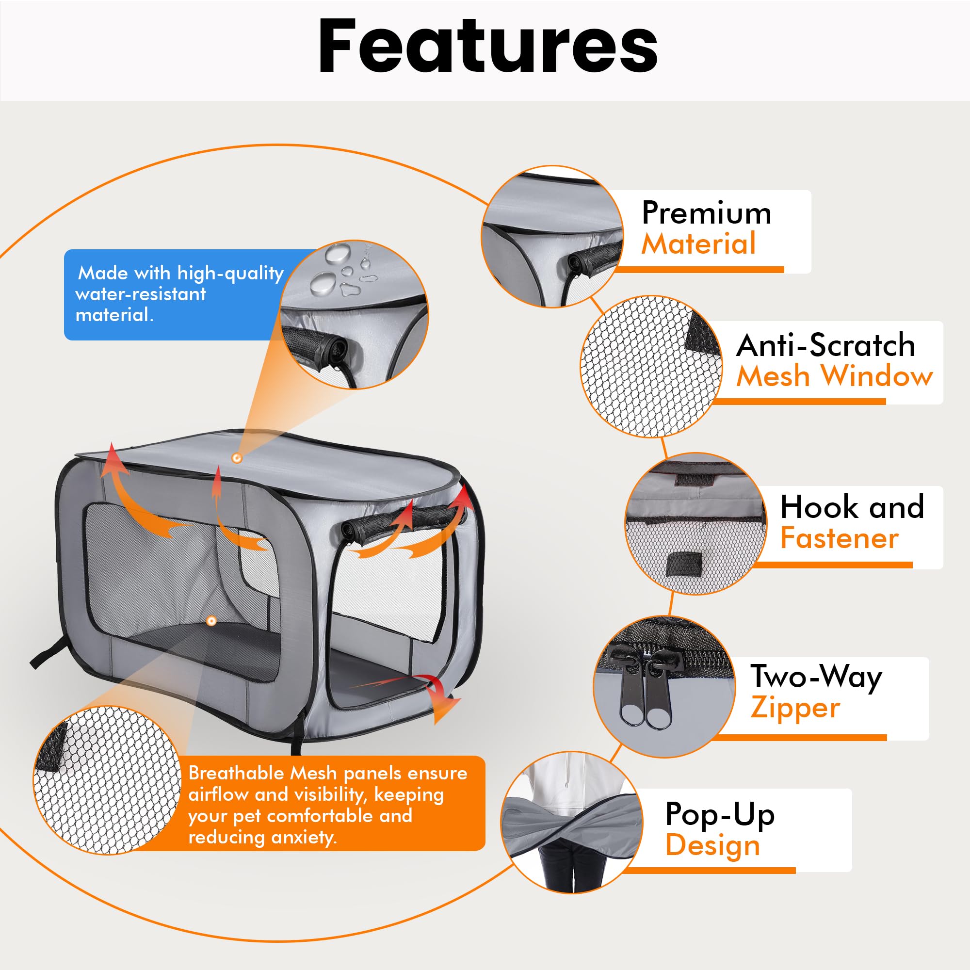Beatrice Home Fashions Portable, Collapsible, Pop Up Kennel Travel Cat And Dog Crate, 32.5'' L X 19.5'' W X 19.5'' H, Gray