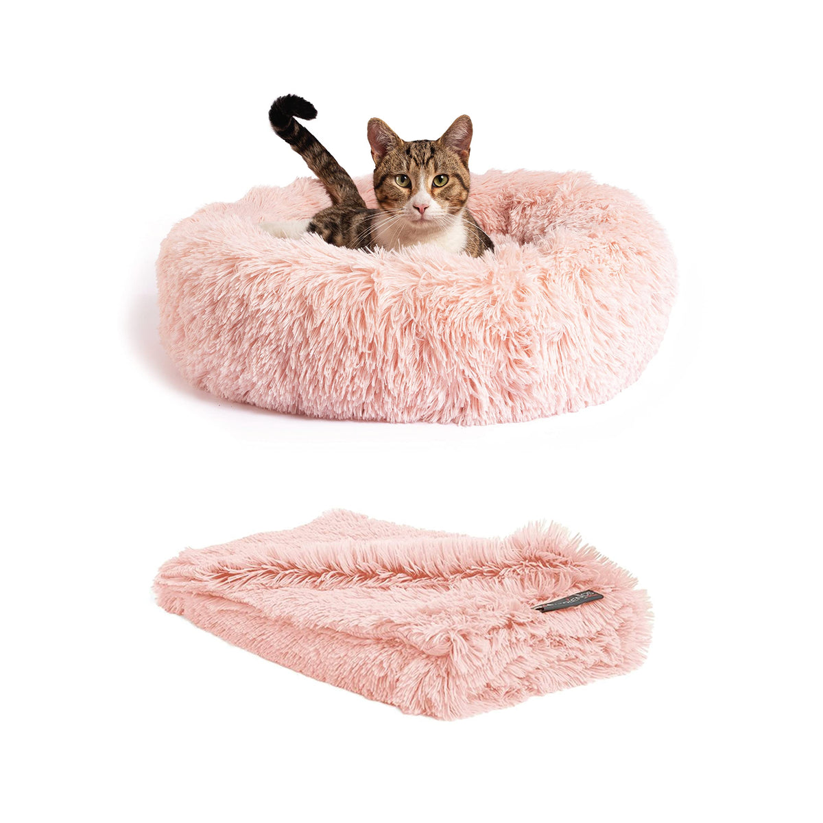Best Friends By Sheri Bundle Set The Original Calming Shag Donut Cuddler Cat And Dog Bed + Pet Throw Blanket Cotton Candy Pink S