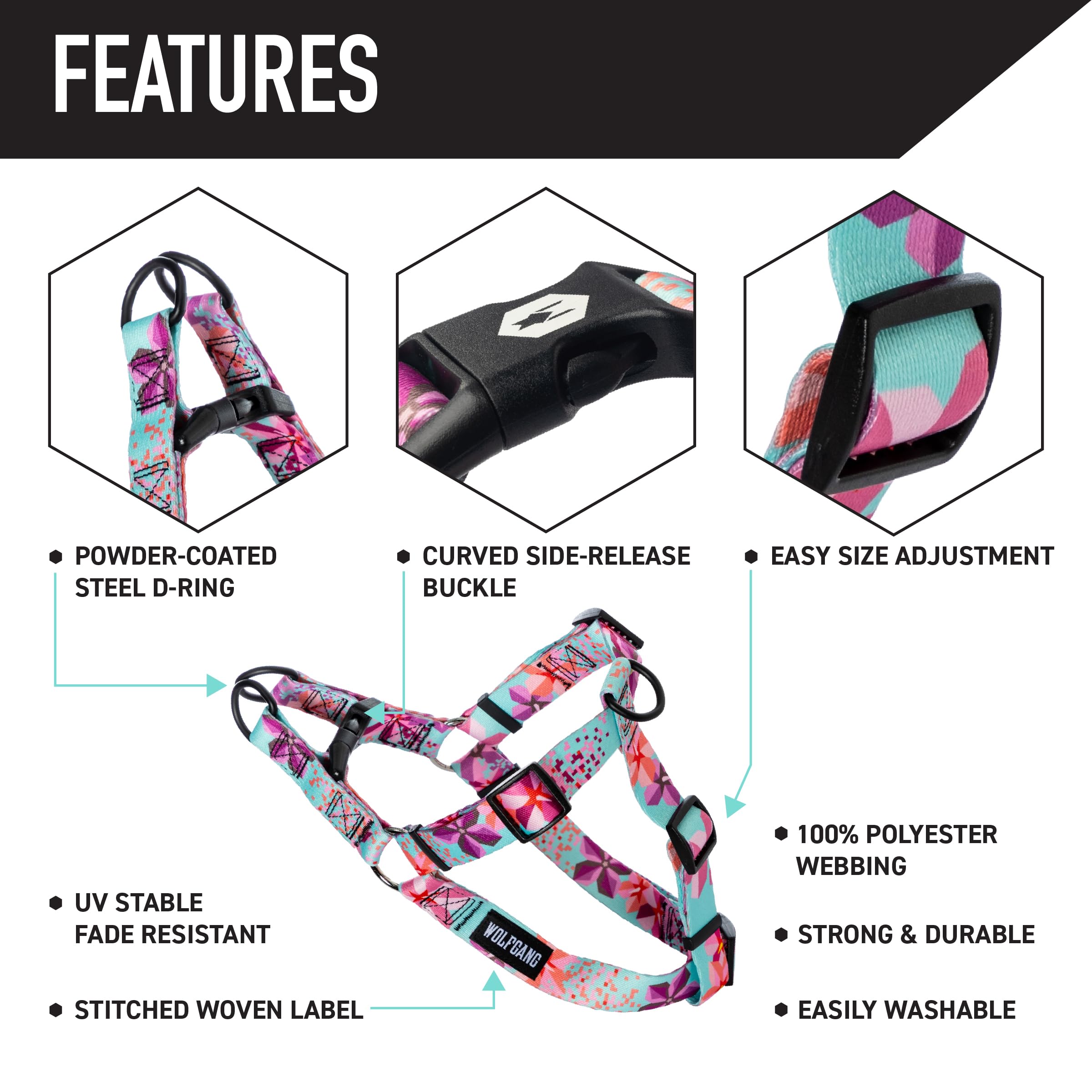 Wolfgang Heavy Duty Adjustable Dog Harness, Pull-Tested to Over 800 lbs for Walking & Training, DigiFloral Print, Large