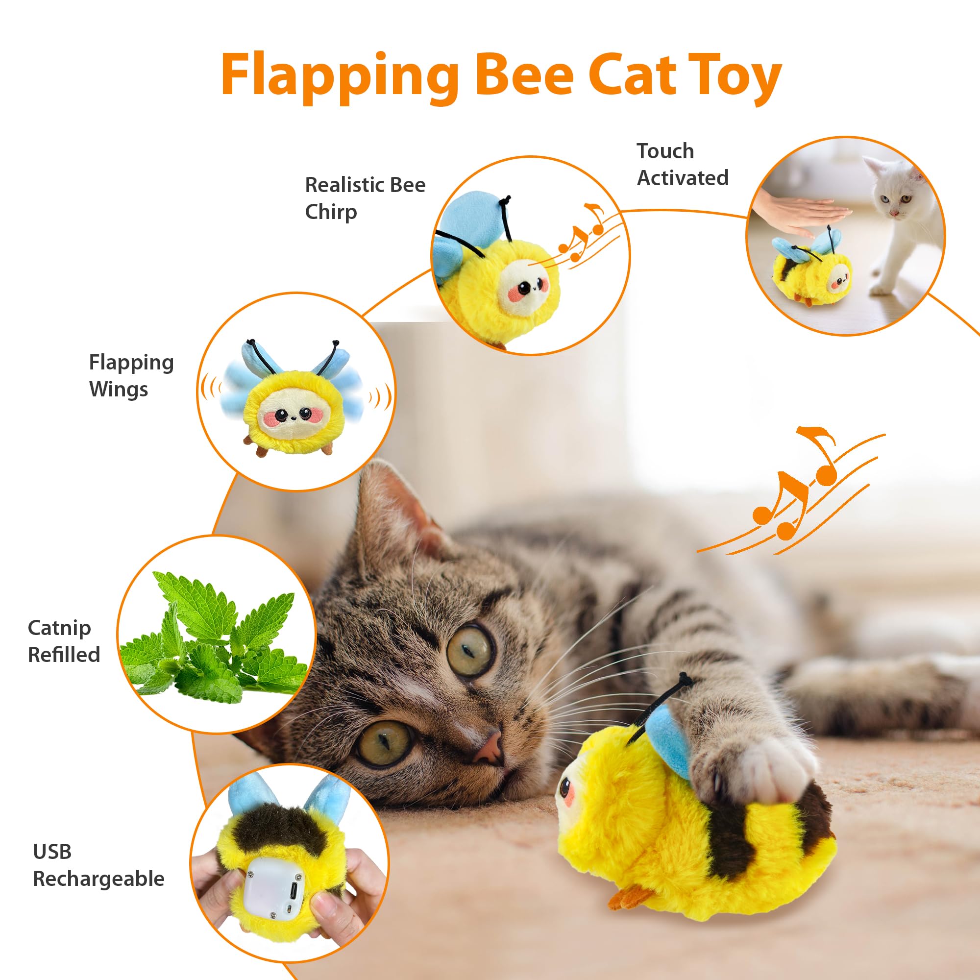Petgeek Gigwi Flapping Cat Toys For Indoor Cats, Rechargeable Lifelike Interactive Bee Cat Toy Tweet, Flapping Wings & Lively Ch