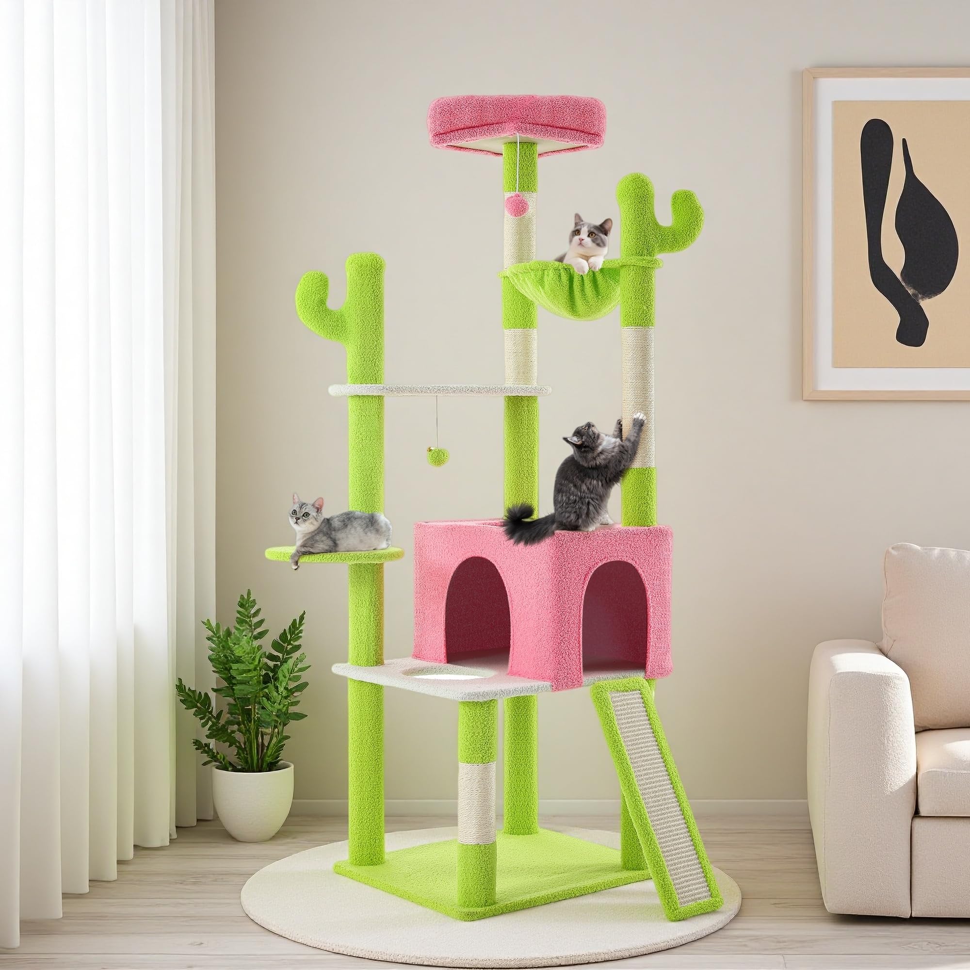 YITAHOME Tall Cactus Cat Tree: 68 in Cats Tower Activity Center with Sisal Posts, Hanging Balls, Nest, Pet Climbing Furniture Id