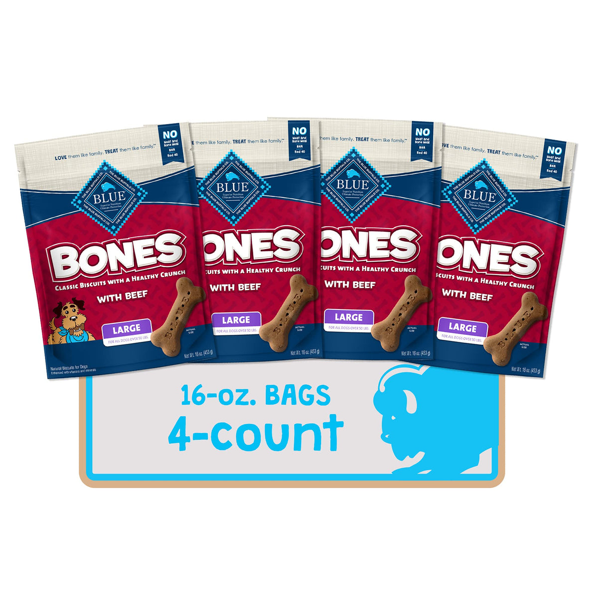 Blue Buffalo Bones Natural Crunchy Dog Treats Large Dog Biscuits Beef, 16Oz. Bag, 4 Count