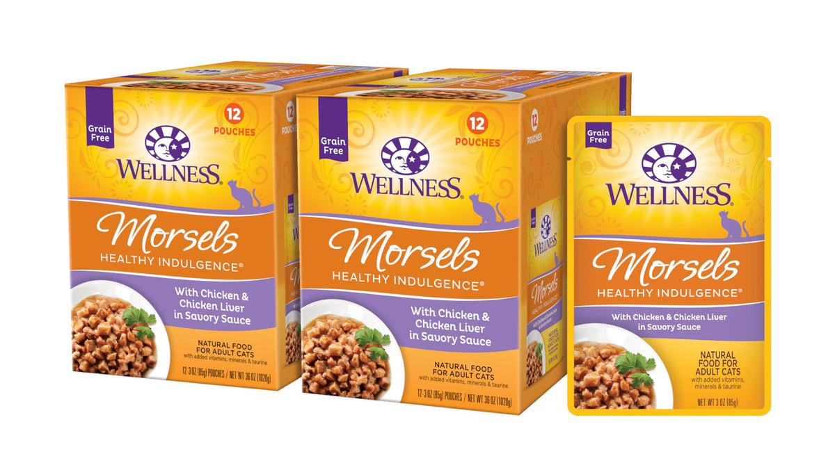 Wellness Healthy Indulgence Morsels No Grain Wet Cat Food, Made With Natural Ingredients,Proteins, Complete And Balanced Meal, 3 Oz Pouches (Chicken & Liver, 24 Pack)