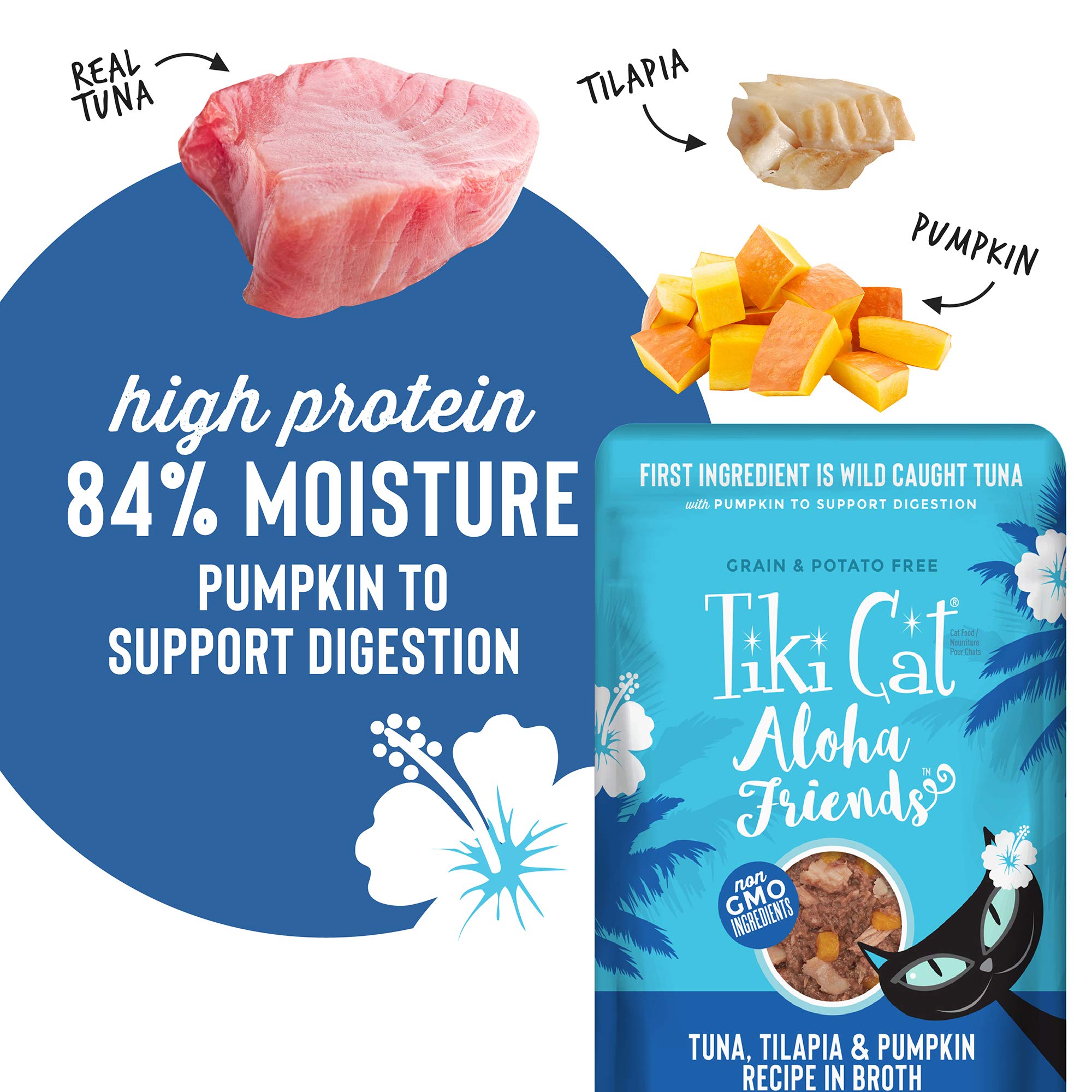 Tiki Cat Aloha Friends, Tuna, Tilapia & Pumpkin, Grain-Free & High Moisture, Wet Cat Food for All Life Stages 3 oz. Pouch (Pack