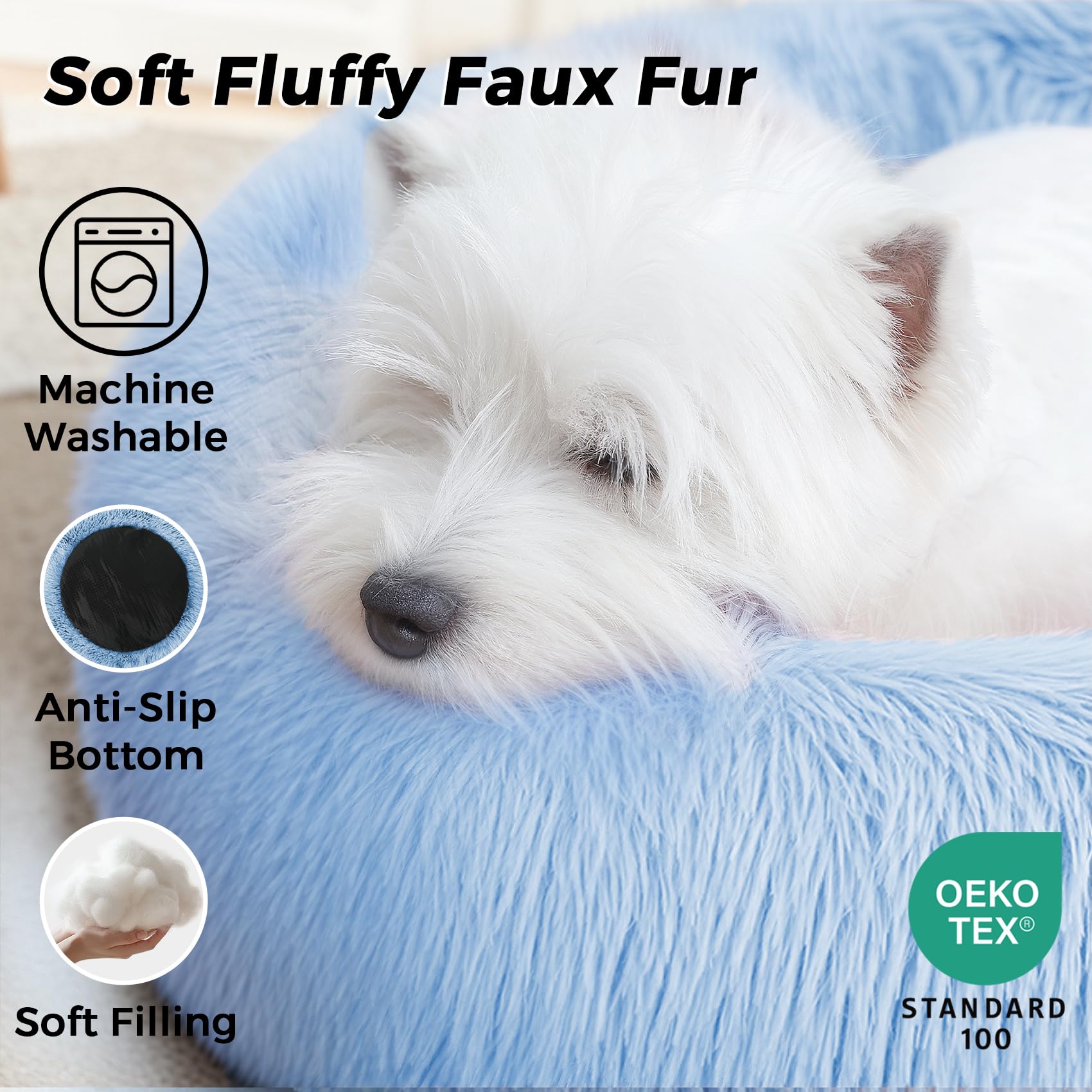 Calming Dog Bed & Cat Bed With Anti-Slip Bottom, Medium Size Washable Anti-Anxiety Donut Dog Beds For Small Dogs & Cats, Fluffy