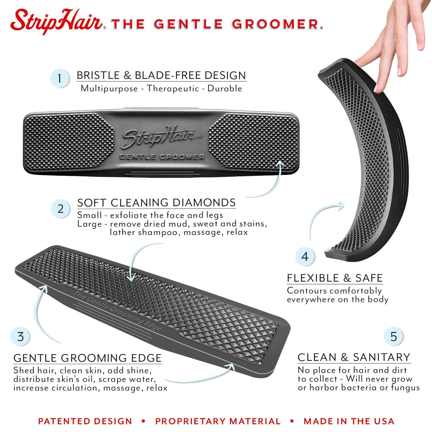 Striphair Gentle Groomer - Original For Horses Dogs 6-In-1 Shedding Grooming Massage (Black)