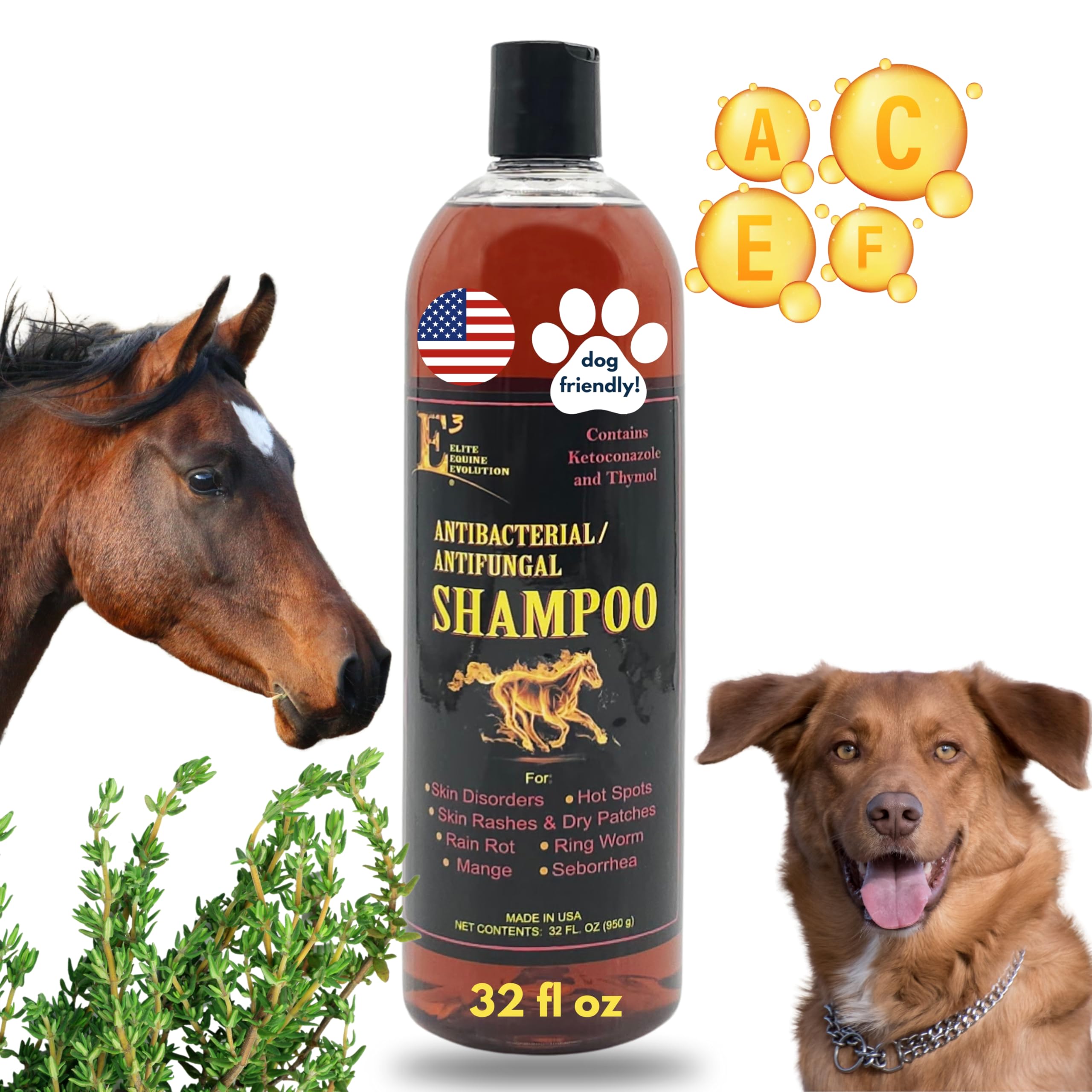 E3 Antifungal Ketoconazole and Thymol Skincare Shampoo for Horses and Dogs - Relieves Itching, Irritation, and Skin Infections -