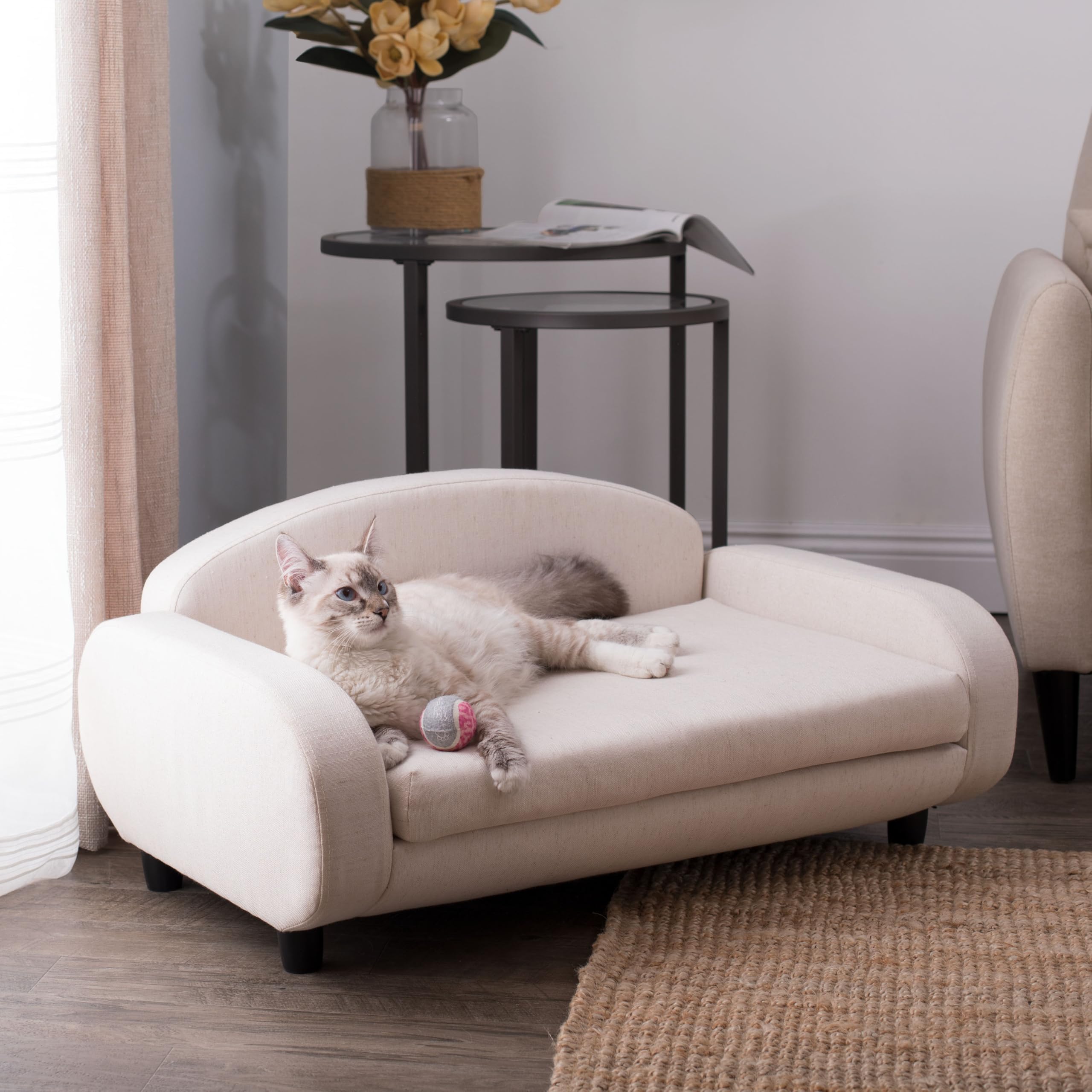 Paws & Purrs Modern Pet Sofa - 31.5" Wide Low Back Bed, Removable Cover, Espresso/Oatmeal, Model 61012, Plywood & Foam Materials