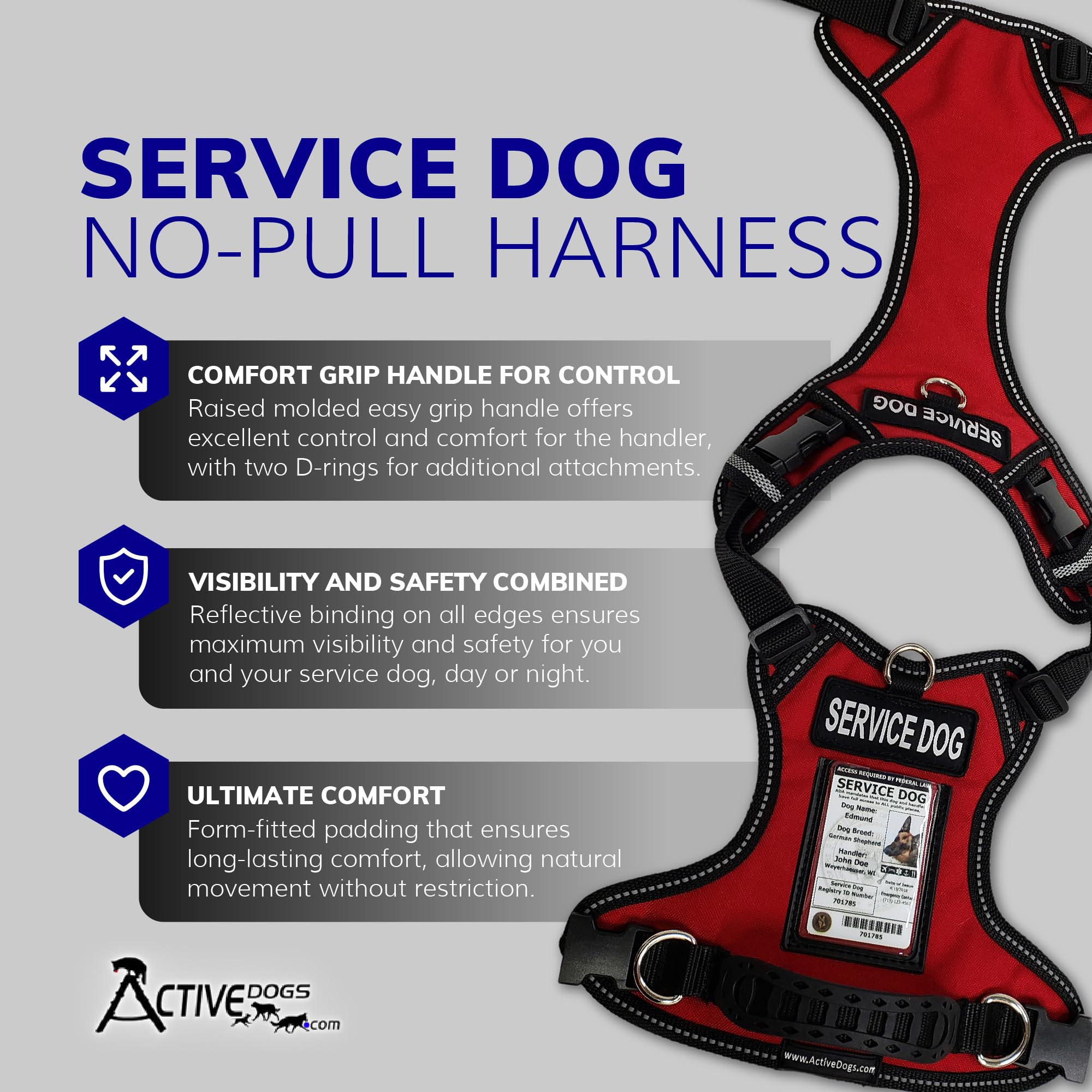 Activedogs Service Dog Vest No Pull Harness - Adjustable No Choke Service Dog Harness For Small Dogs With Service Dog Patch, Control Handle, Id Window, D-Rings & Reflective Padding - Red, 19'-25'