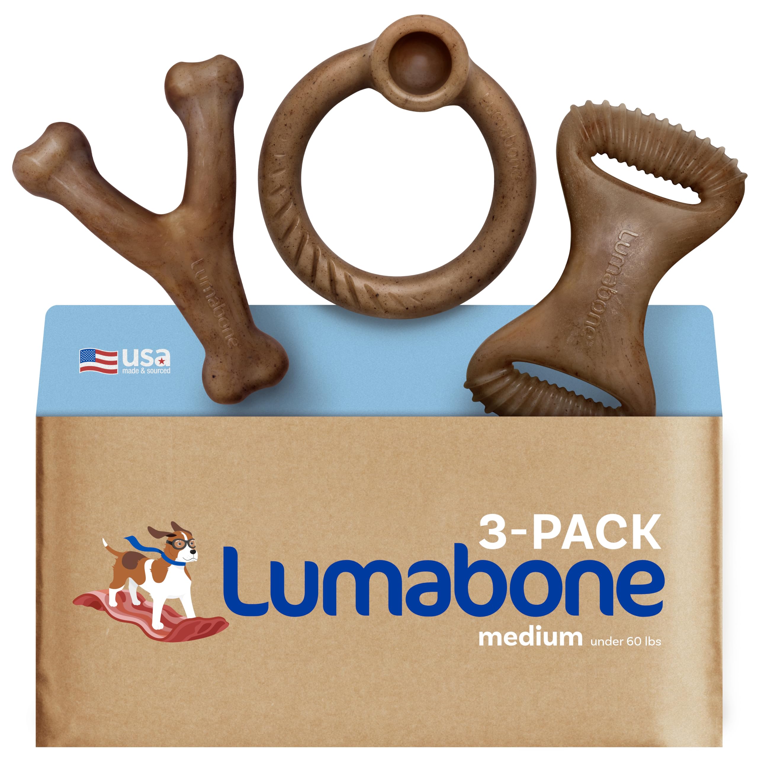 Lumabone Real Bacon 3-Pack Dog Toys For Aggressive Chewers,Wishbone, Dental Chew, Ring Bacon Medium