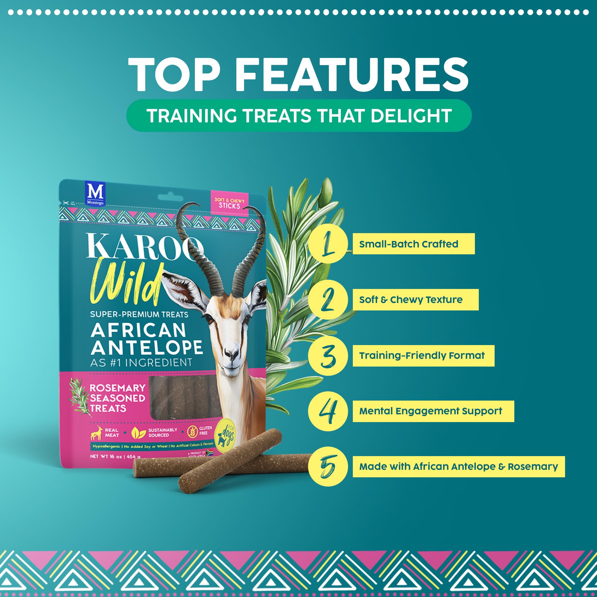 Karoo Wild Sticks Rosemary Seasoned Treats for Dogs - 16 oz - Soft & Chewy Protein Sticks Made with African Antelope - Ideal for