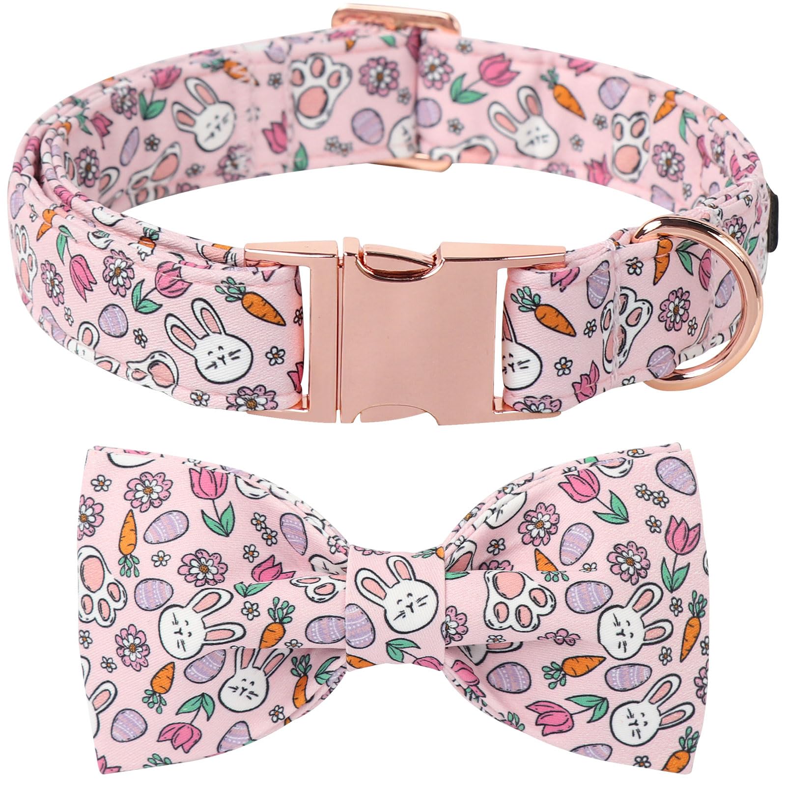 Lionet Paws Easter Pink Dog Collar, Rabbit Eggs Dog Collar For Medium Dogs, Adjustable Cotton Tulips Pet Collars For Small Mediu