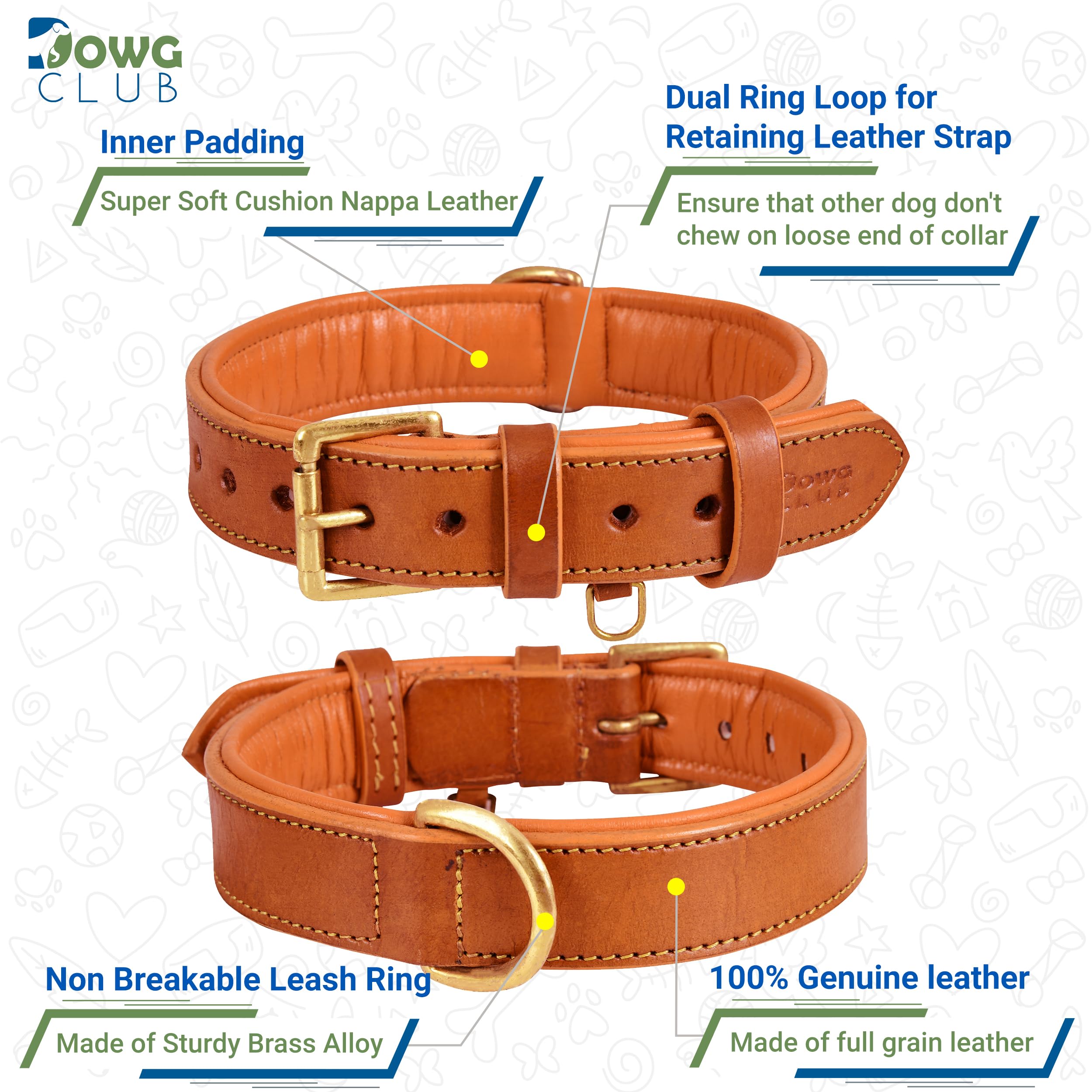 Dowgclub | Genuine Leather Dog Collar | Full Grain, Heavy Duty | Comfortable, Padded, Strong | Best For Pups, Small, Medium, Lar