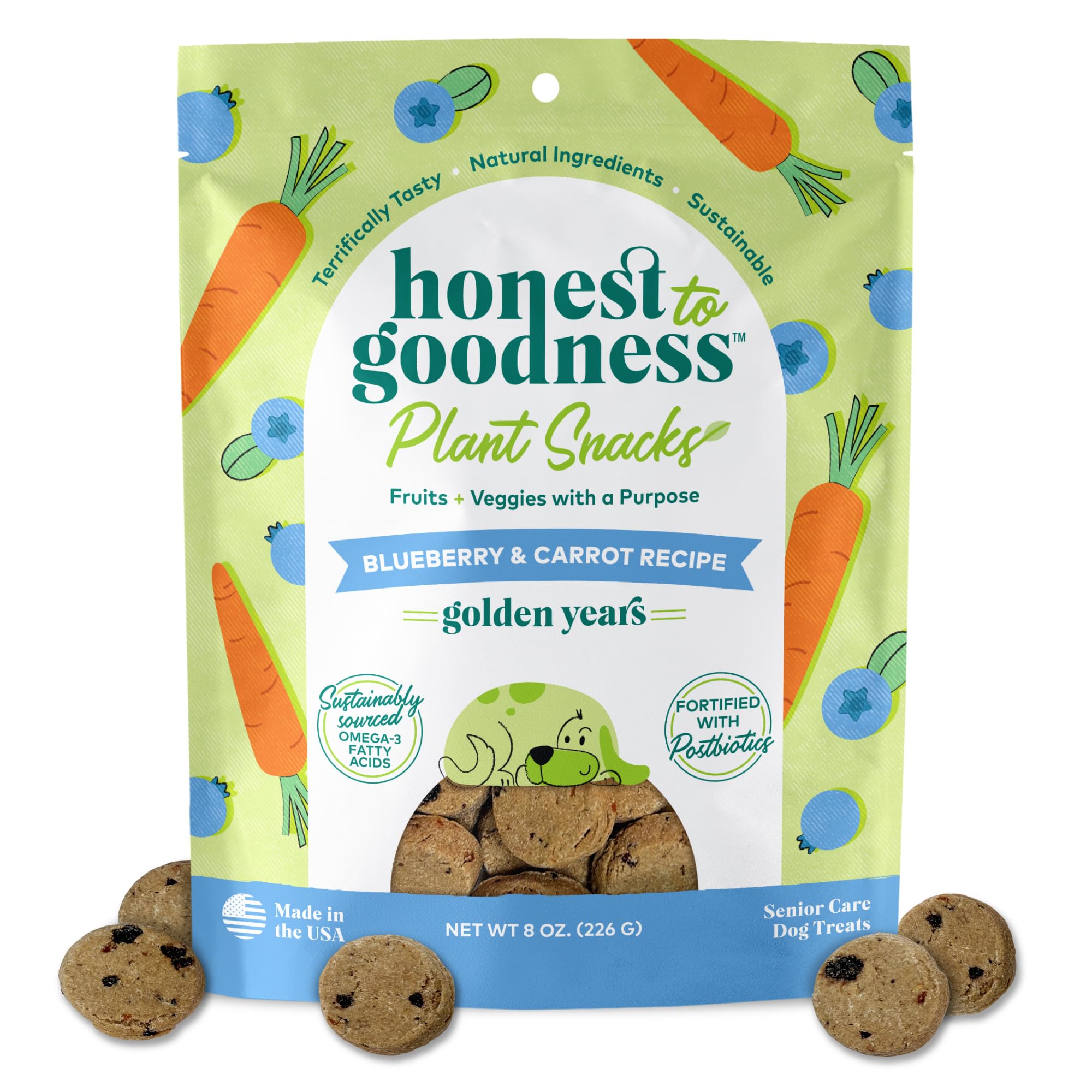 Honest to Goodness Plant Snacks Golden Years Blueberry & Carrot Recipe Dog Treats, Enriched with Omega 3s & Postbiotics, 8oz