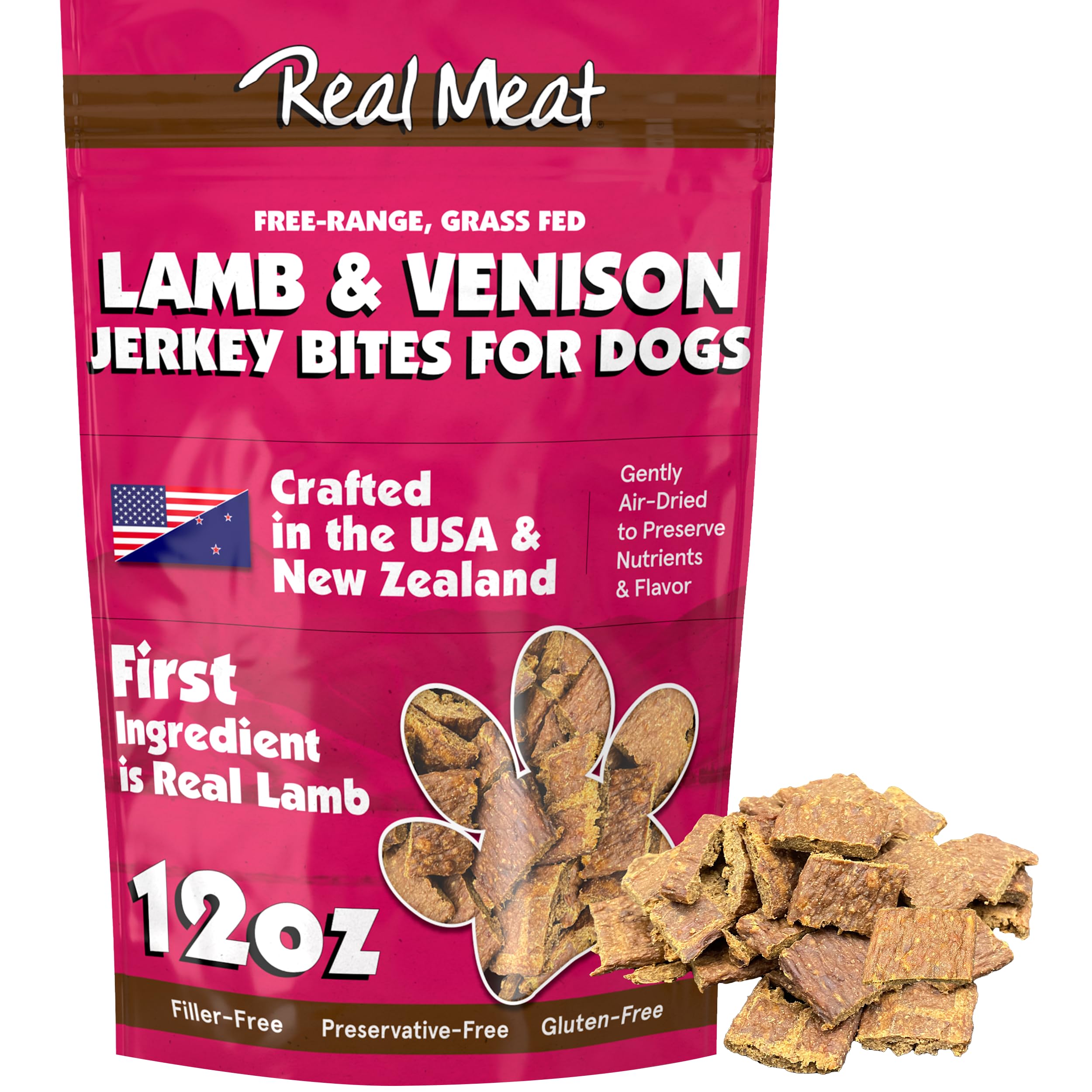 Real Meat Dog Treats - 12oz Bag of Bite-Sized Air-Dried Lamb & Venison Jerky for Dogs - Grain-Free Jerky Dog Treats with 95% Hum